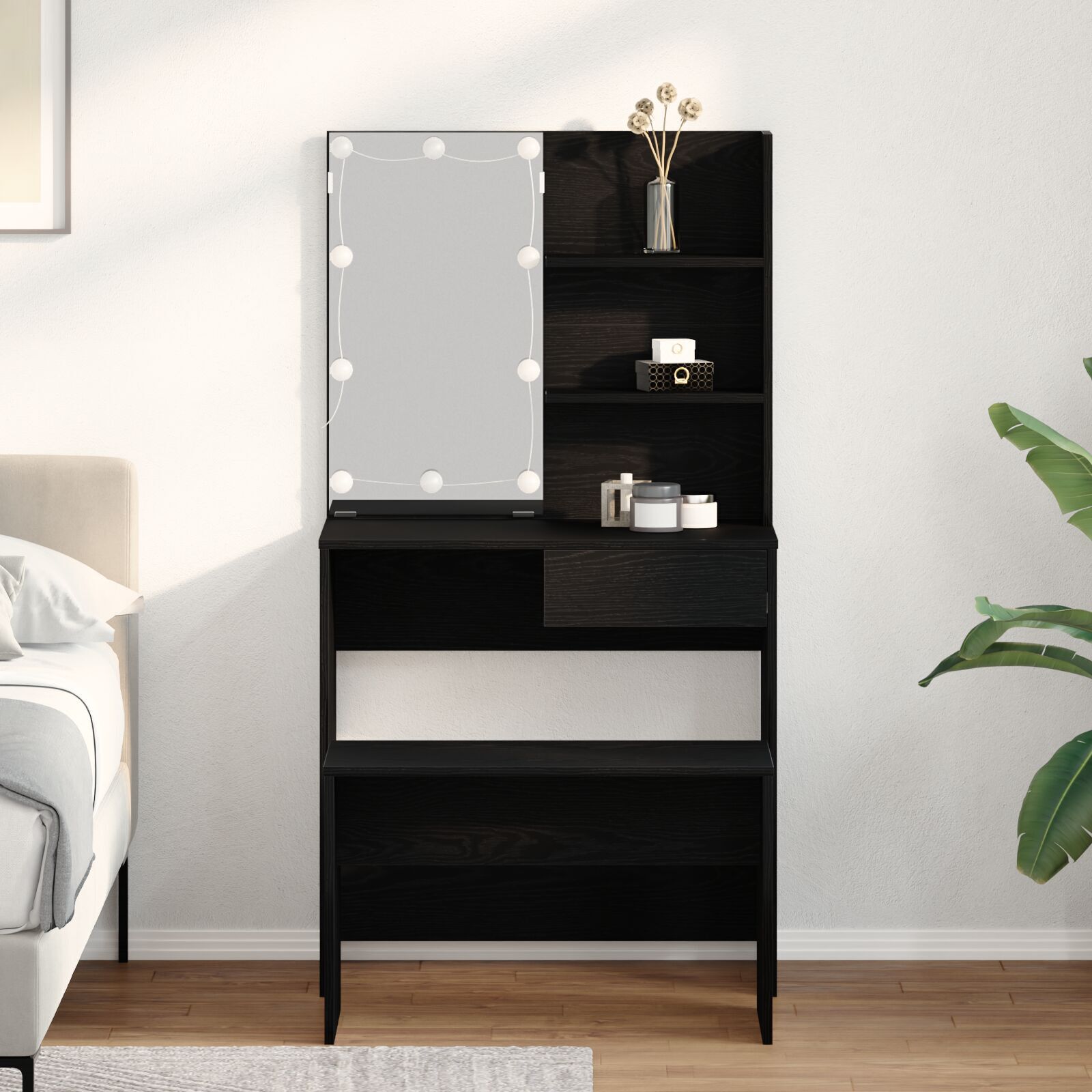 sminkebordsett med LED i svart eik og konstruert tre, vidaXL LED sminkebord i svart eik - 74,5 x 40 x 141 cm, laget av konstruert tre, vidaXL sminkestol i svart eik 70 x 35 x 45 cm i konstruert tre