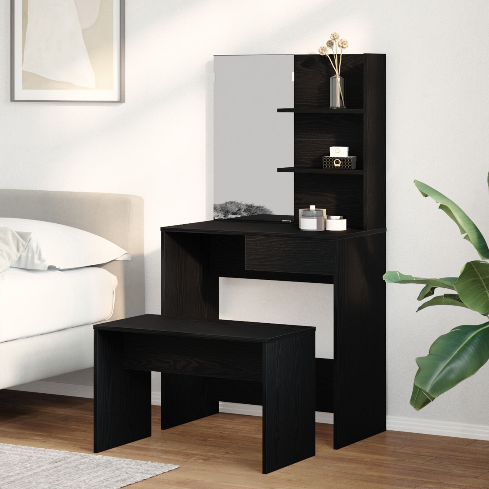 Sminkebordsett Svart Eik Ingeniørtre, vidaXL Svart Eik Sminkebord med speil - 74.5 x 40 x 141 cm, vidaXL Sminkebenk Svart Eik 70x35x45 cm Ingeniørtre