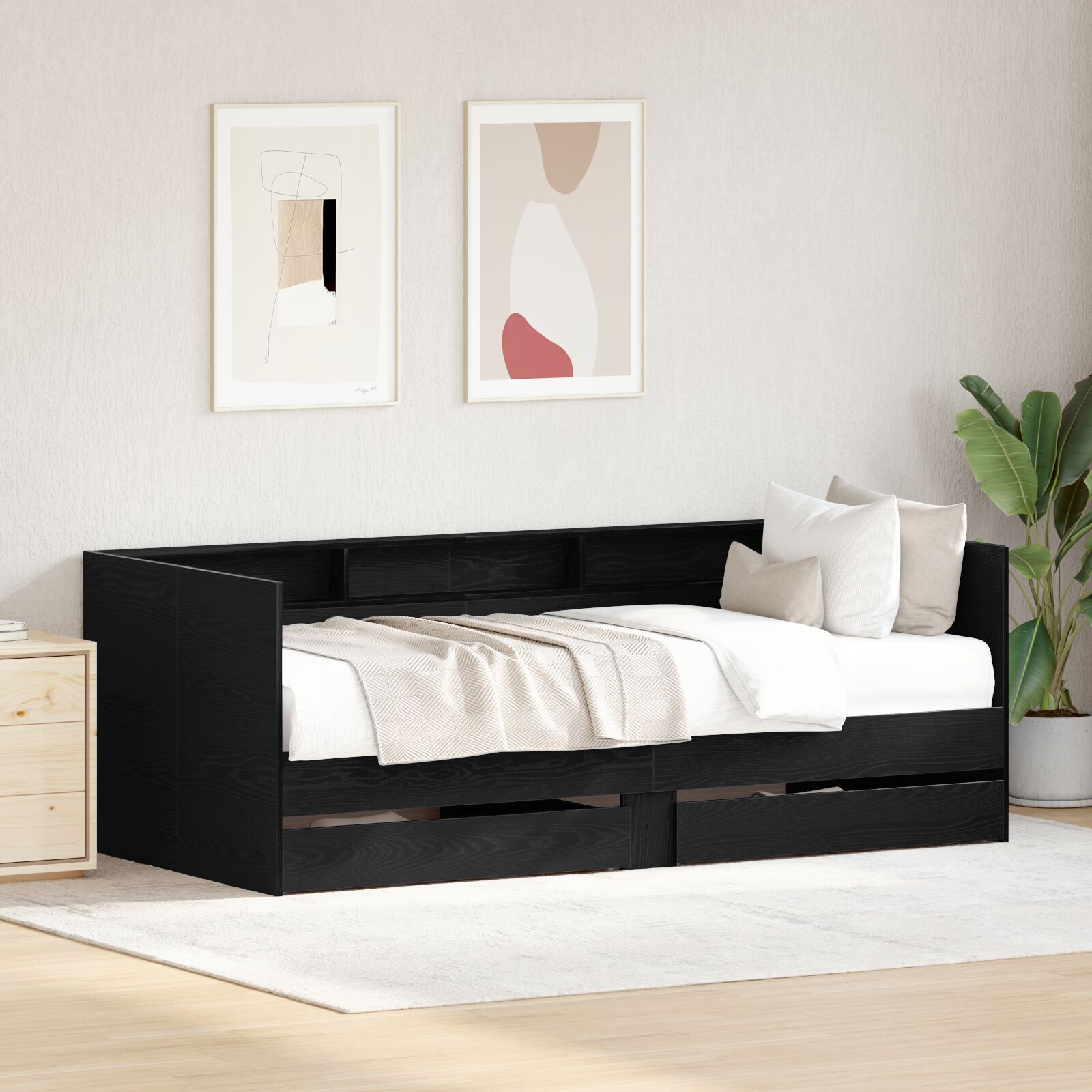 Svart sovesofa med skuffer Svart eik Konstruert tre 75 x 190 cm