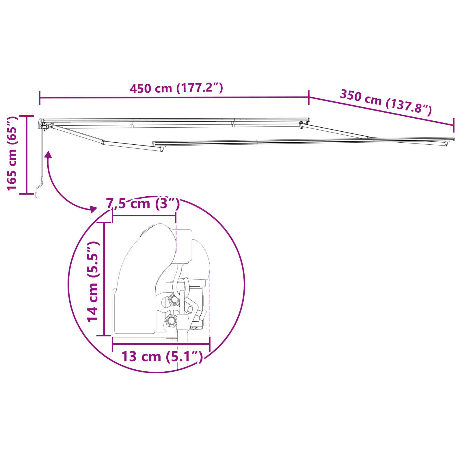 Manual Uttrekkbar Markise Rød og Hvit Stripe 450x350 cm