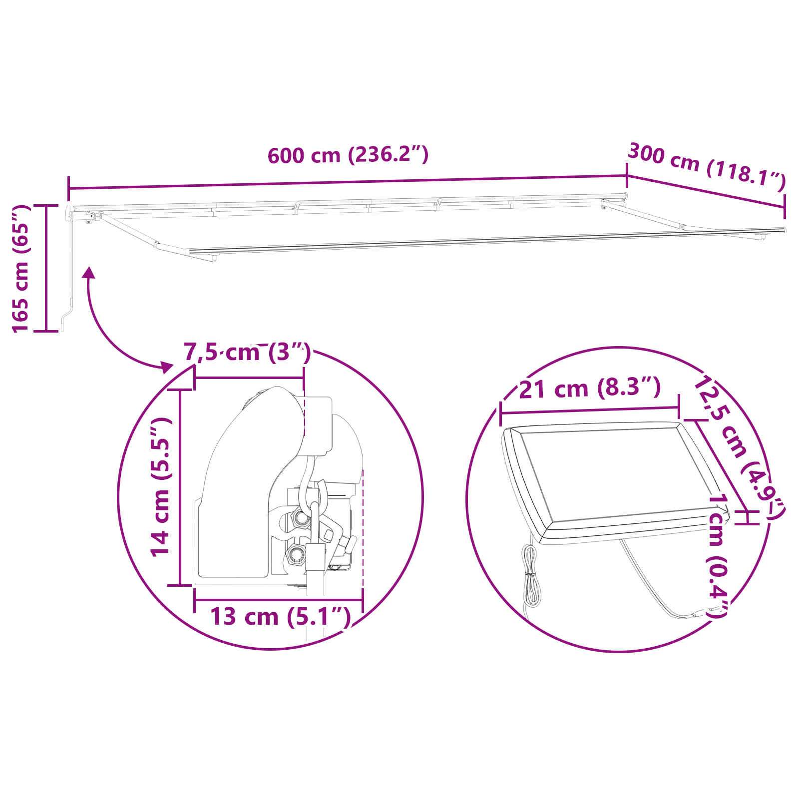manuell uttrekkbar markise med LED hvit 600x300 cm