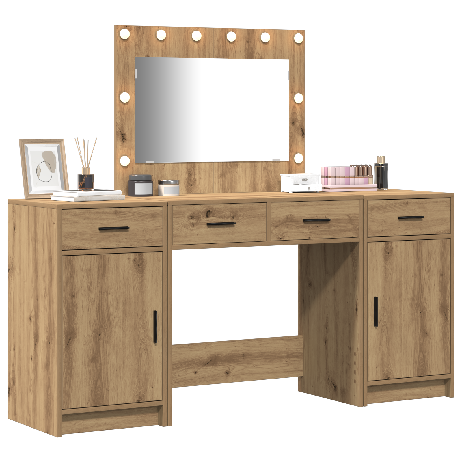 3-delt dressingbordsett med LED i artisan eik og konstruert tre