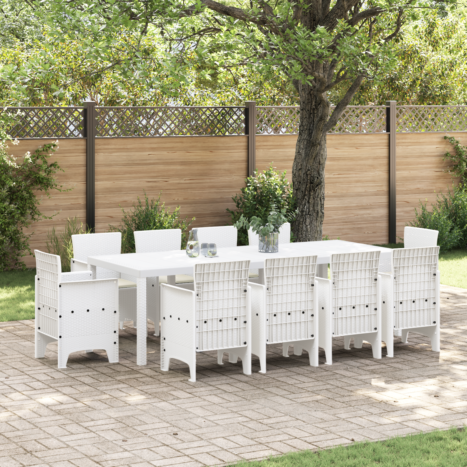 11 Delt Hage Spisebordsett med Puter Hvit Poly Rattan