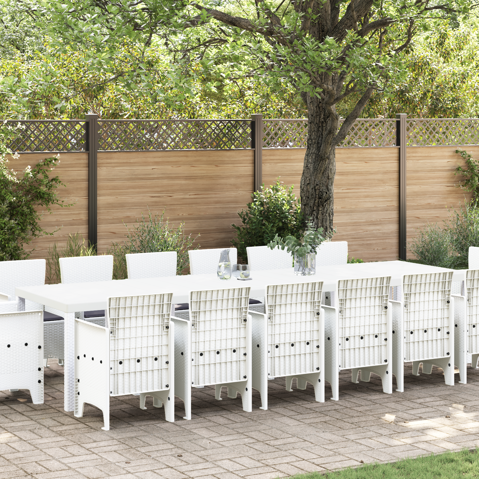 15 Deler Hage Spisegruppe med Puter Hvit Poly Rattan