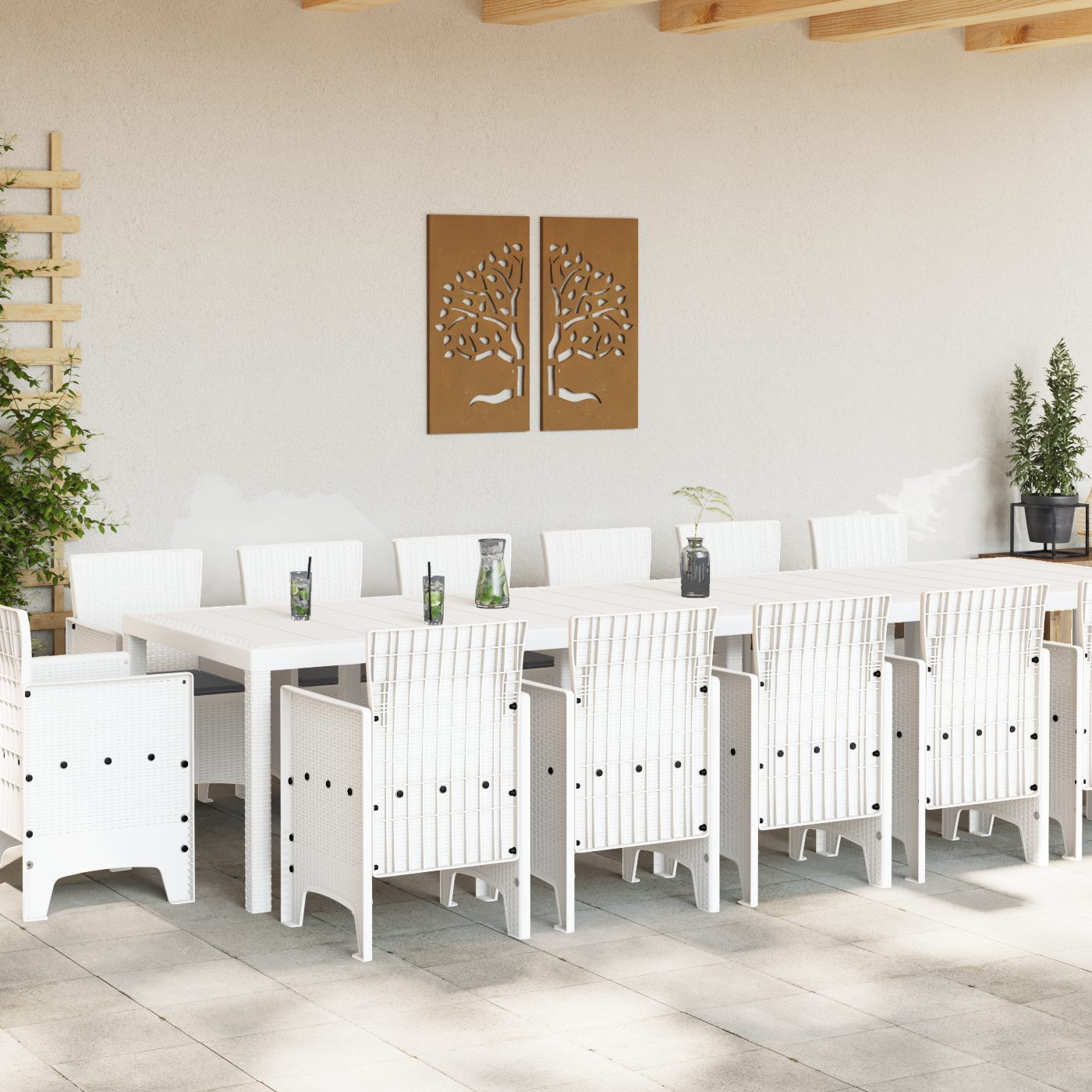 15 Deler Hage Spisegruppe med Puter Hvit Poly Rattan