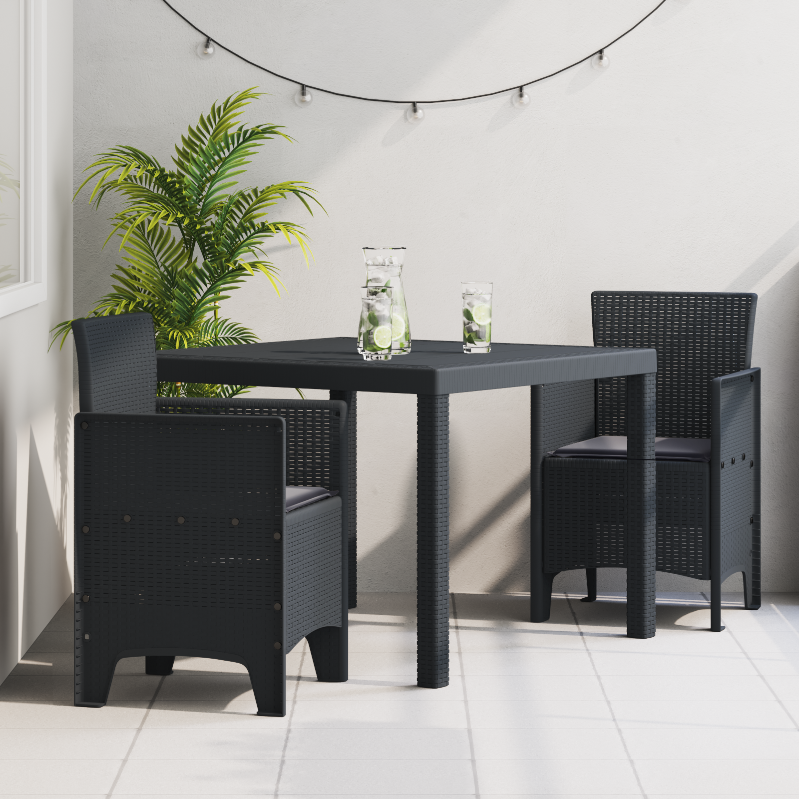 3-delt Hage Spisebord Set med Puter Antrasitt Poly Rattan