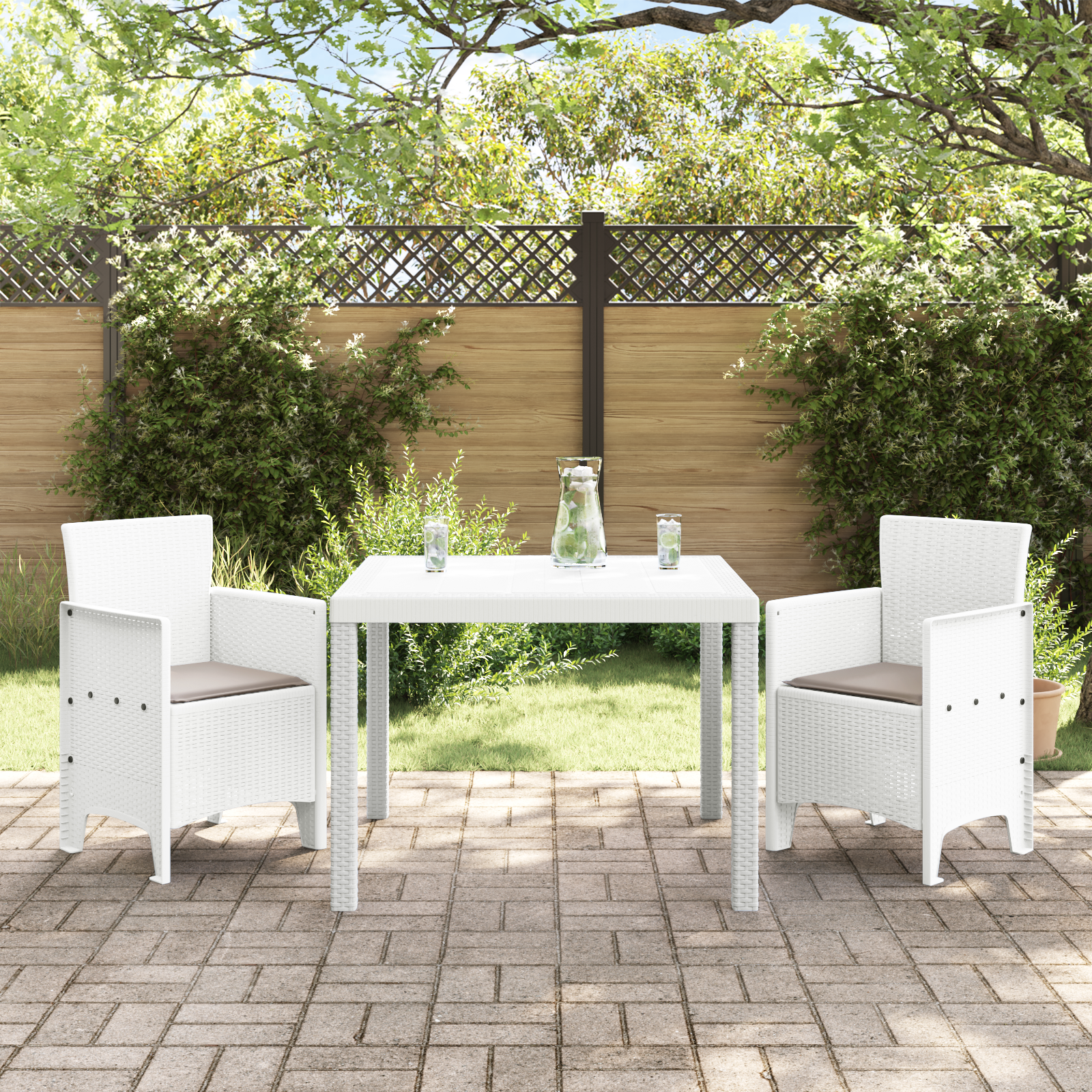 3 Delt Hage Spisebord med Puter Hvit Poly Rattan