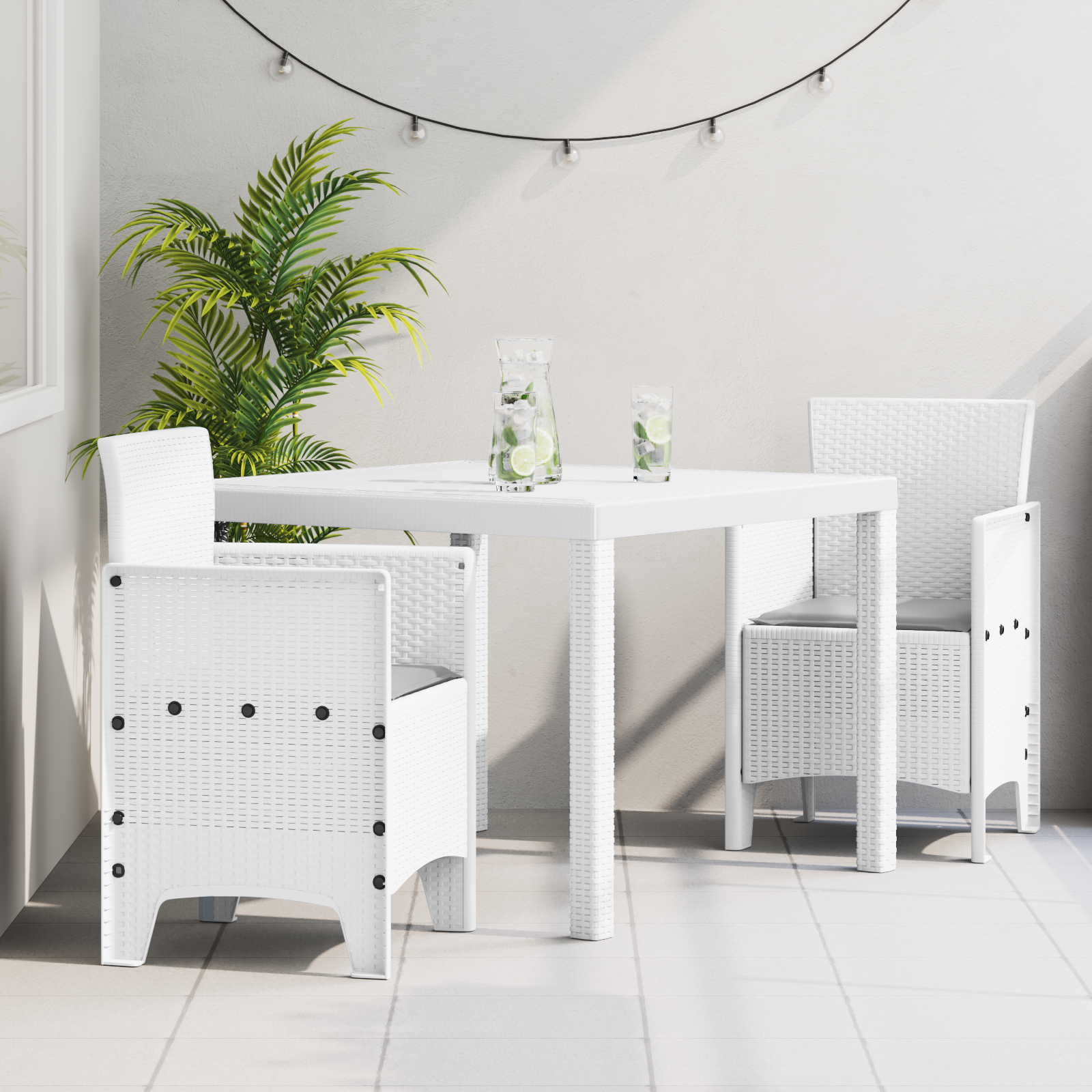 3-delt hage spisegruppe med puter Hvit Poly Rattan