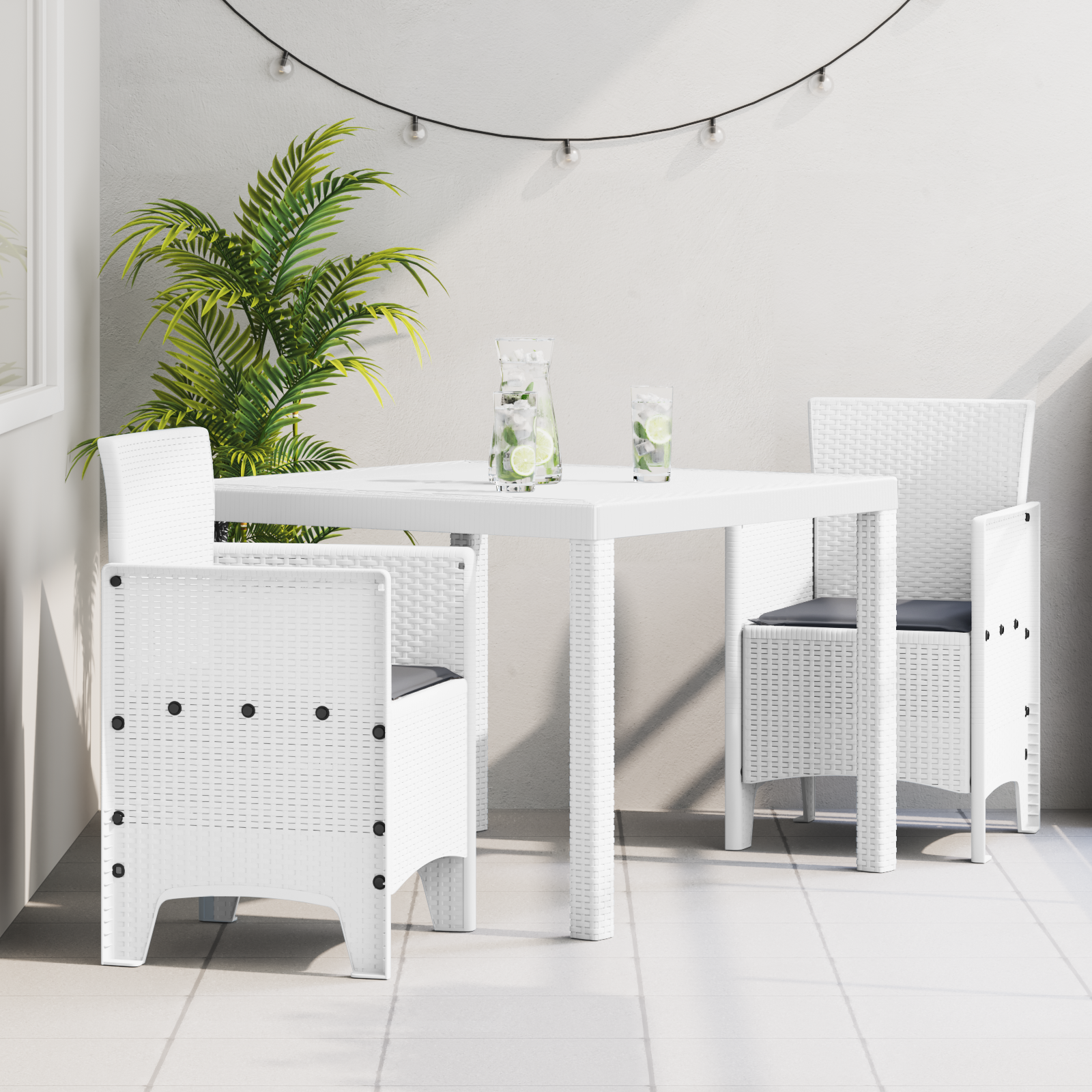 3-delt hage sett med puter hvit polyrotting