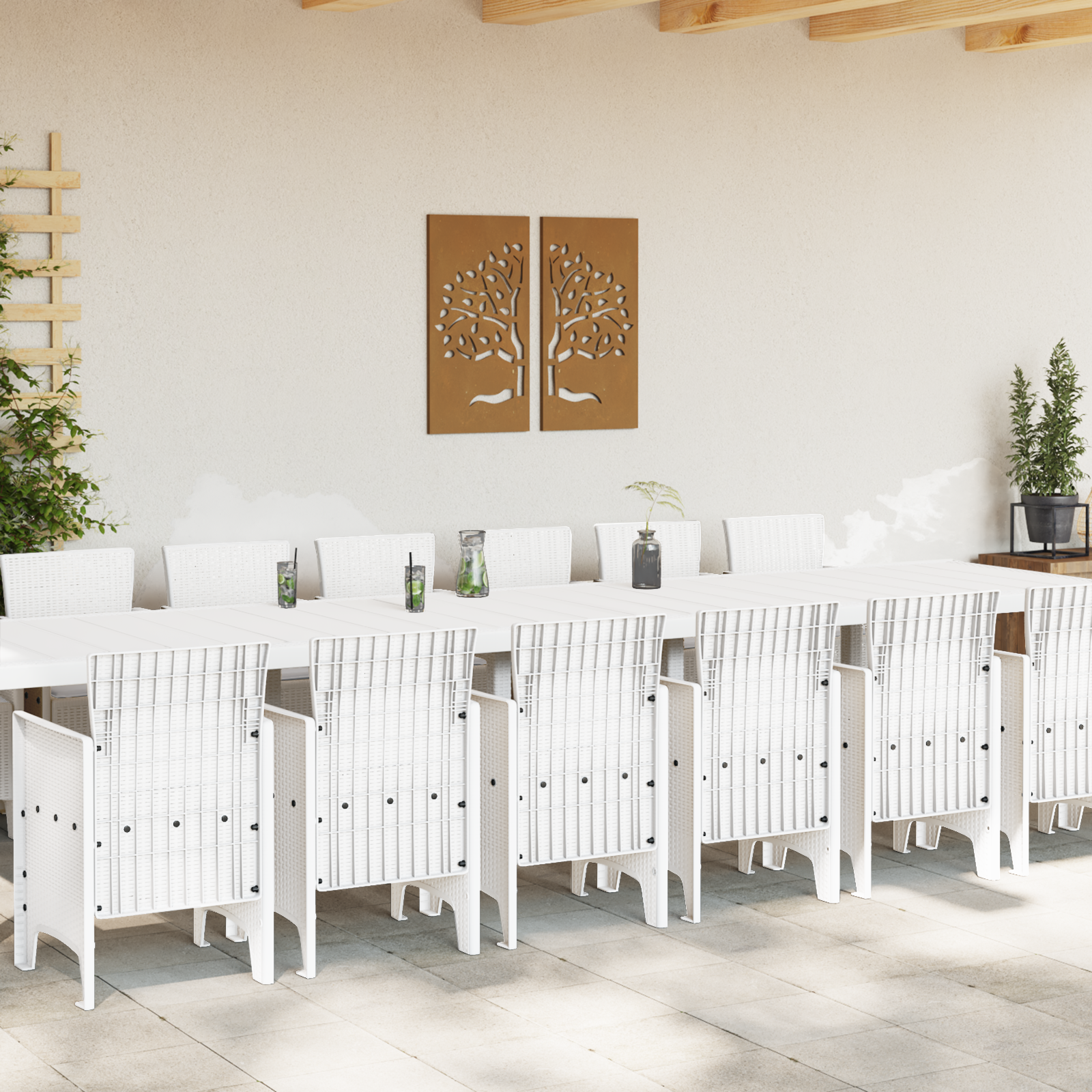 15 Dels Hage Spisegruppe med Puter Hvit Poly Rattan