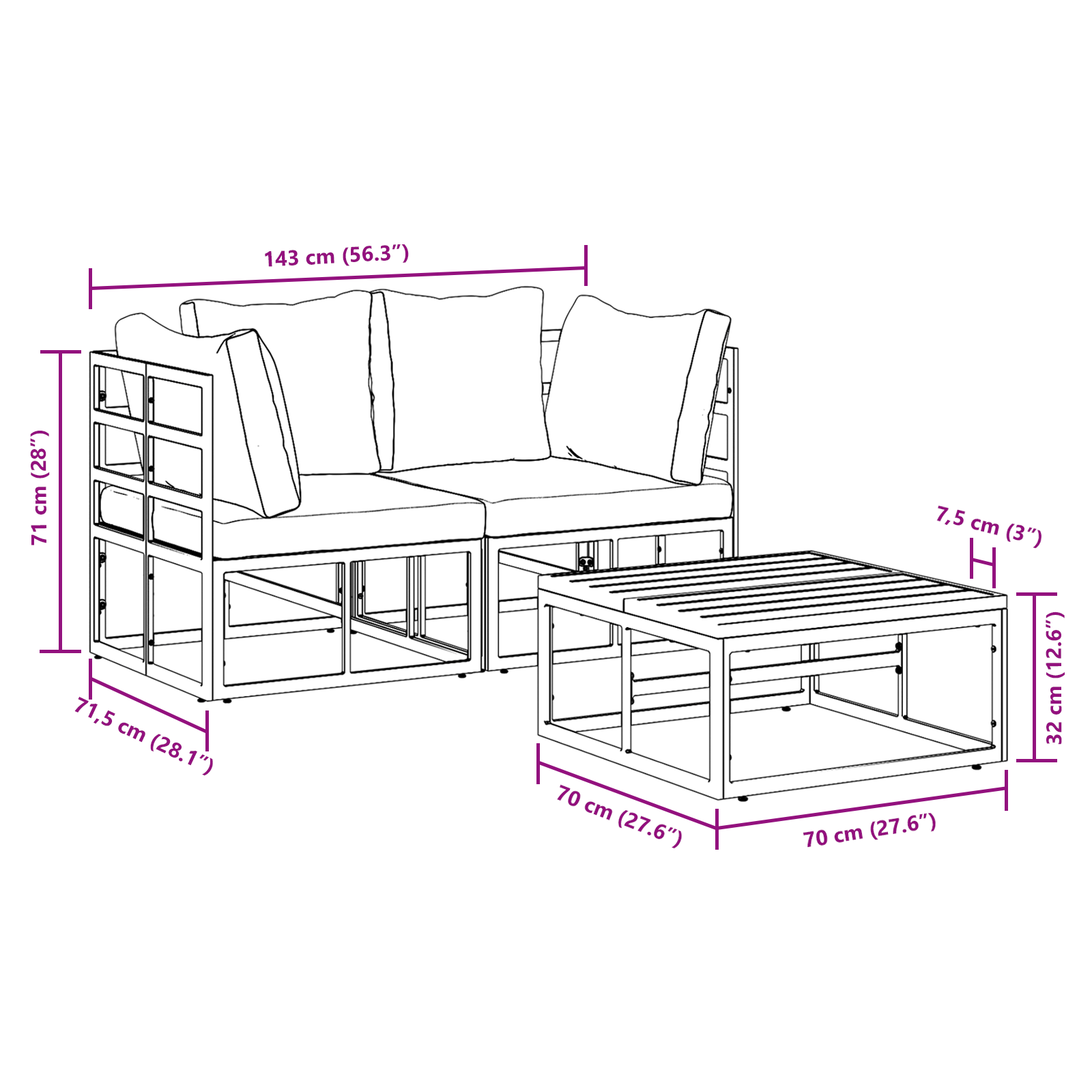 Hagesofa Set med pute med pute 3 pcs Svart 70 x 70 x 32 cm Aluminium