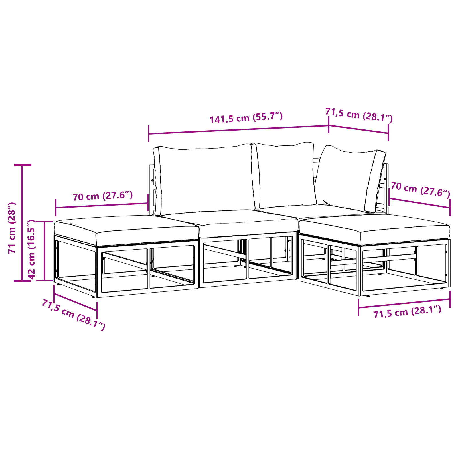 Hagesofa Set 4 pcs Svart 211,5 x 141,5 x 71 cm Aluminium