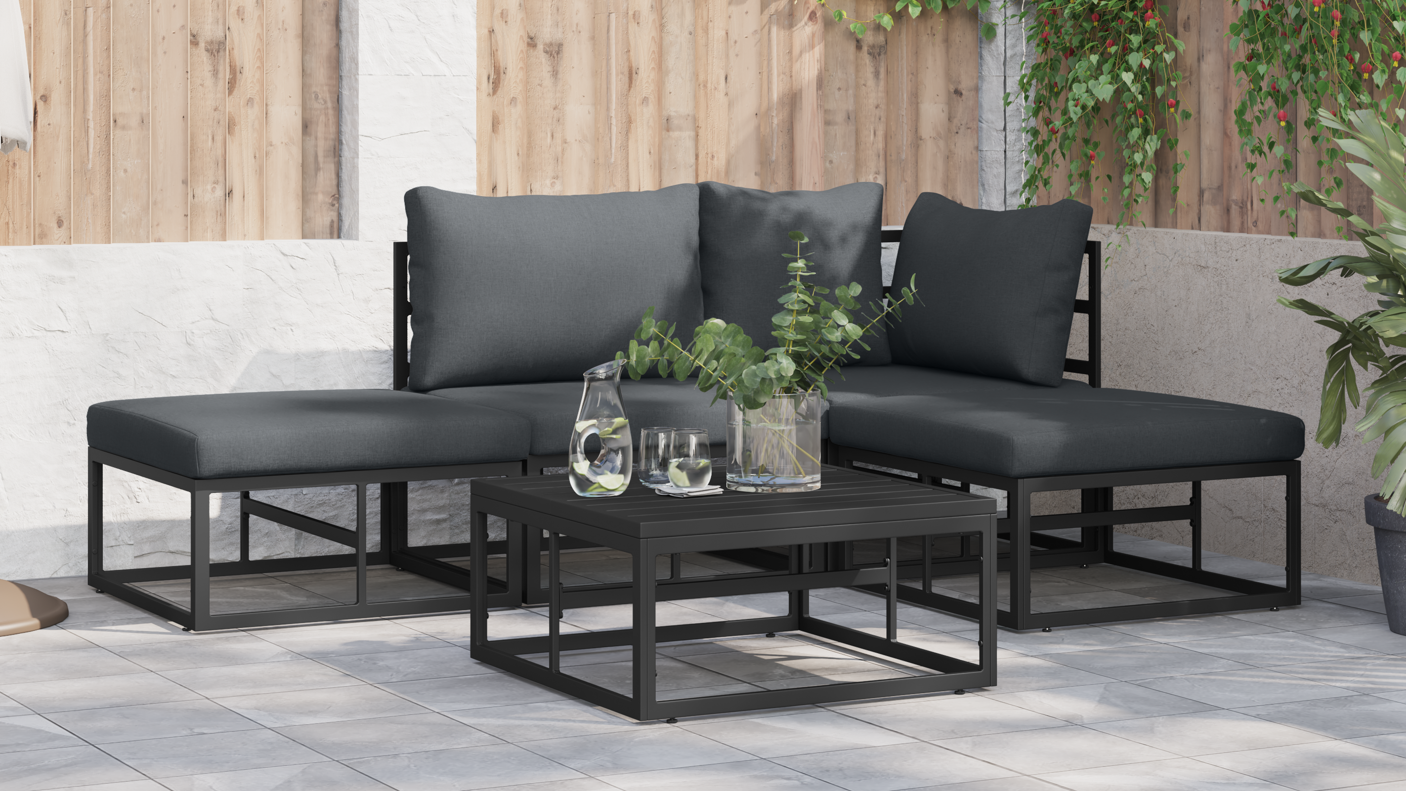 Hagesofa Set med pute med pute 5 pcs Svart 70 x 70 x 32 cm Aluminium
