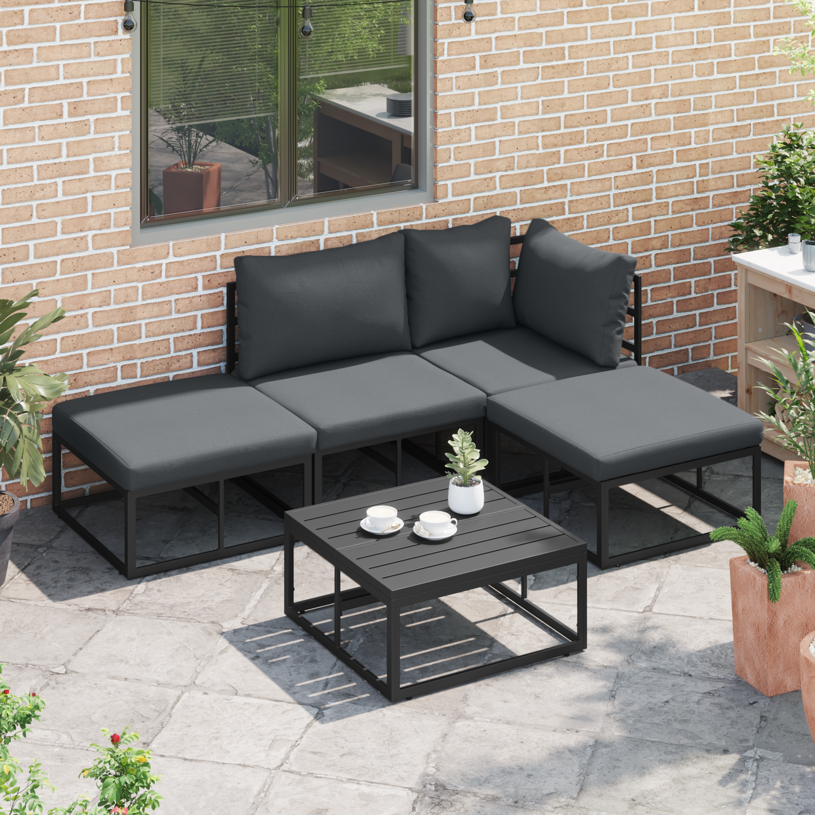 Hagesofa Set med pute med pute 5 pcs Svart 70 x 70 x 32 cm Aluminium