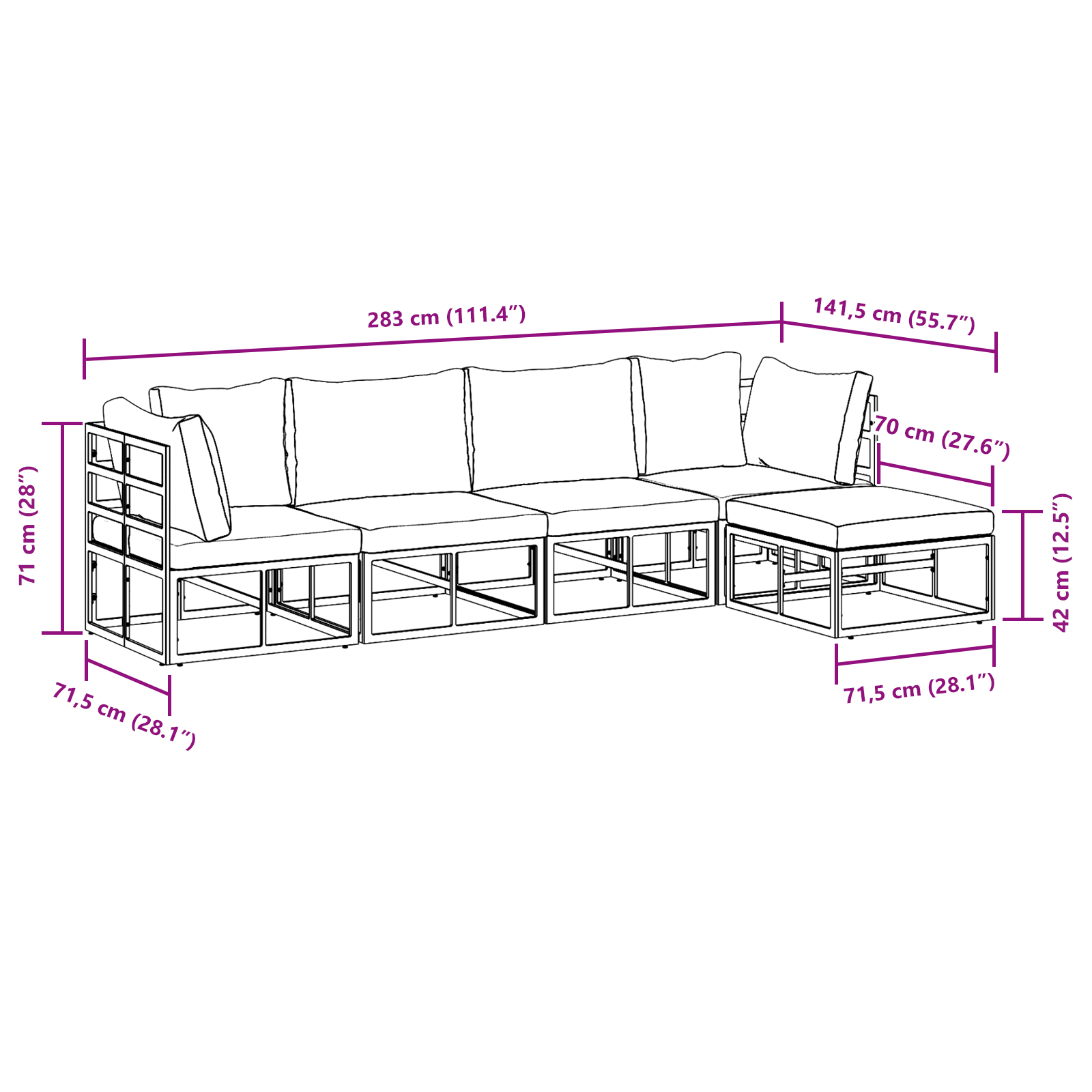 Hagesofa Set med pute med pute 5 pcs Svart 283 x 141.5 x 71 cm Aluminium