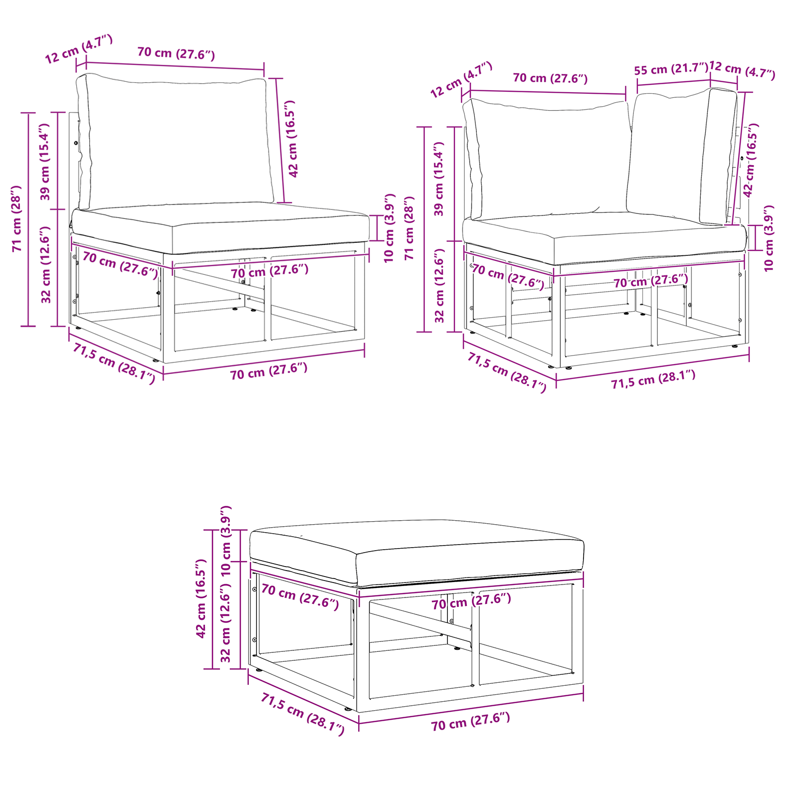 Hagesofa Set med pute med pute 5 pcs Svart 283 x 141.5 x 71 cm Aluminium