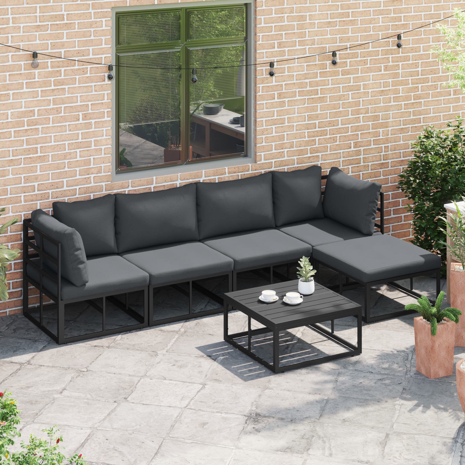 Hagesofa Set med pute med pute 6 pcs Svart 70 x 70 x 32 cm Aluminium