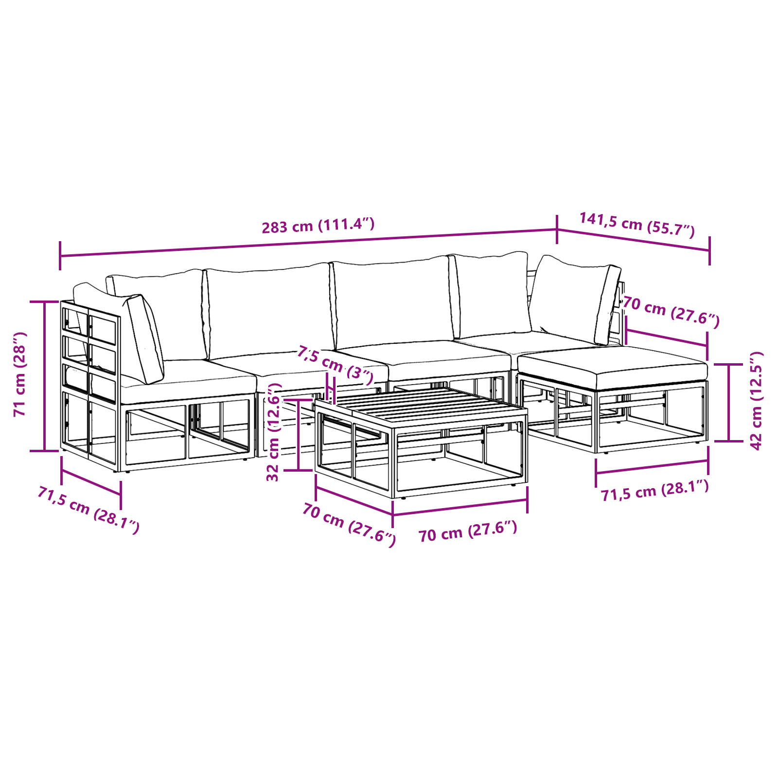Hagesofa Set med pute med pute 6 pcs Svart 70 x 70 x 32 cm Aluminium