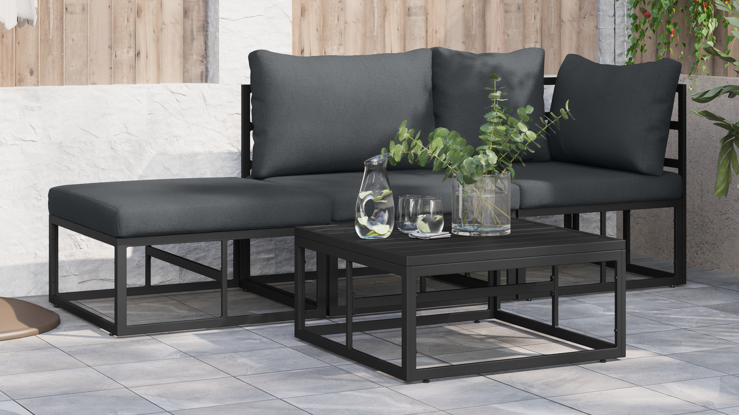 Hagesofa Set 3 pcs Svart 211.5 x 71.5 x 71 cm Aluminium