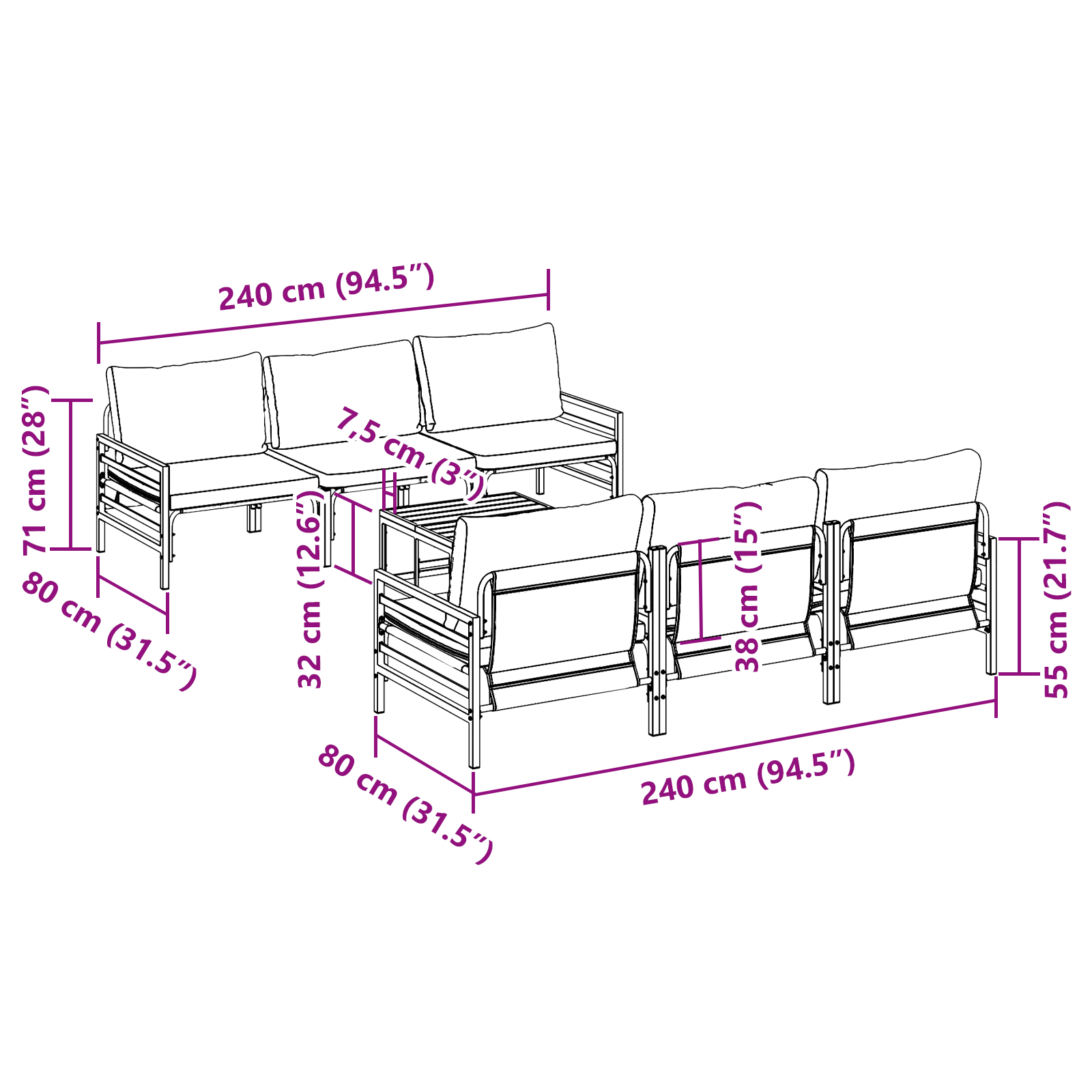 Hagesofa Set med pute med pute 7 pcs Antrasittgrå 70 x 70,5 x 31,5 cm