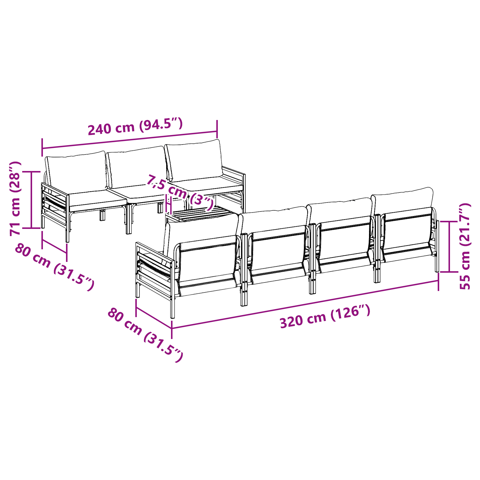 Hagesofa Set med pute med pute 8 pcs Antrasittgrå 70 x 70.5 x 31.5 cm