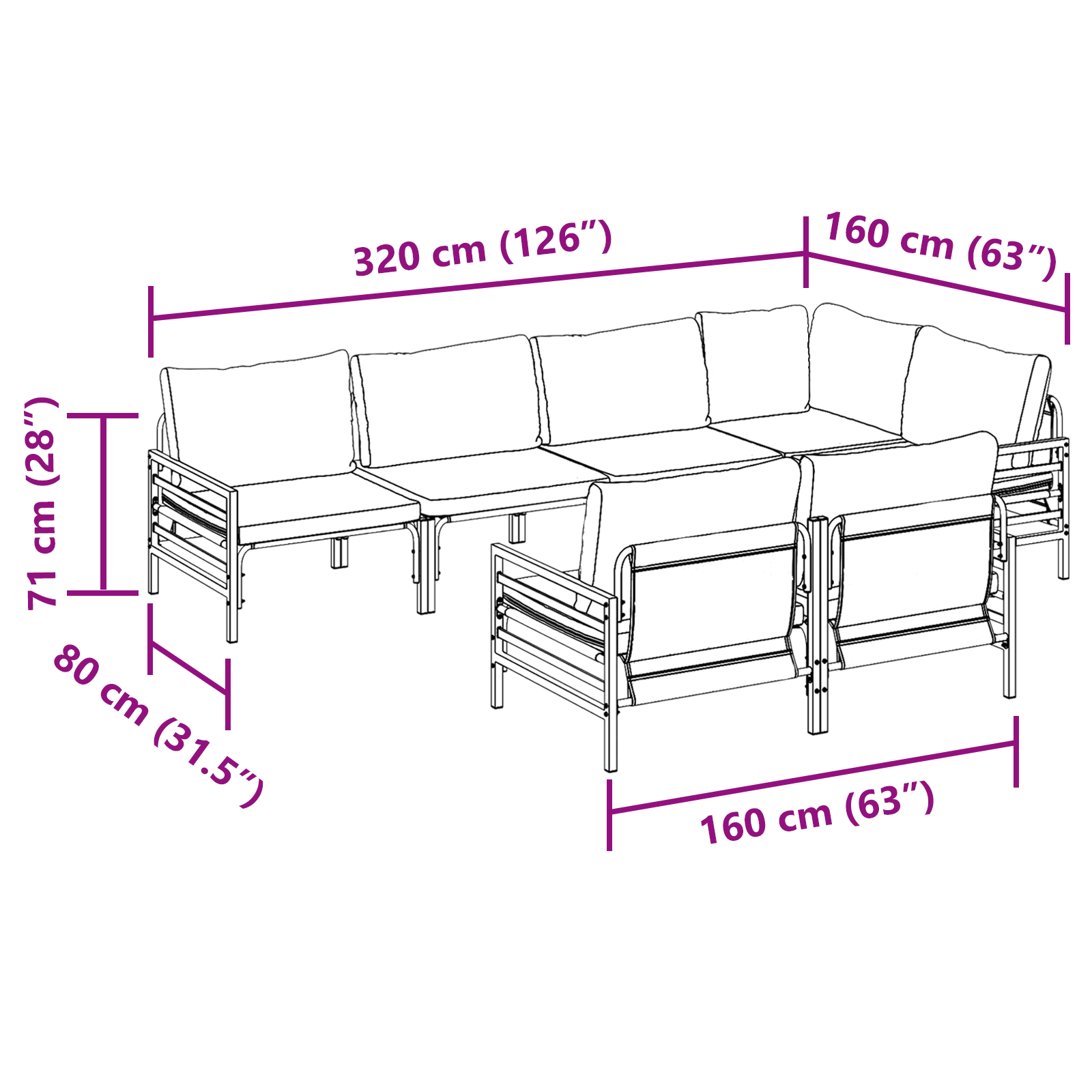 Hagesofa Set 7 pcs Antrasitt 320 x 160 x 71 cm Stål & stoff