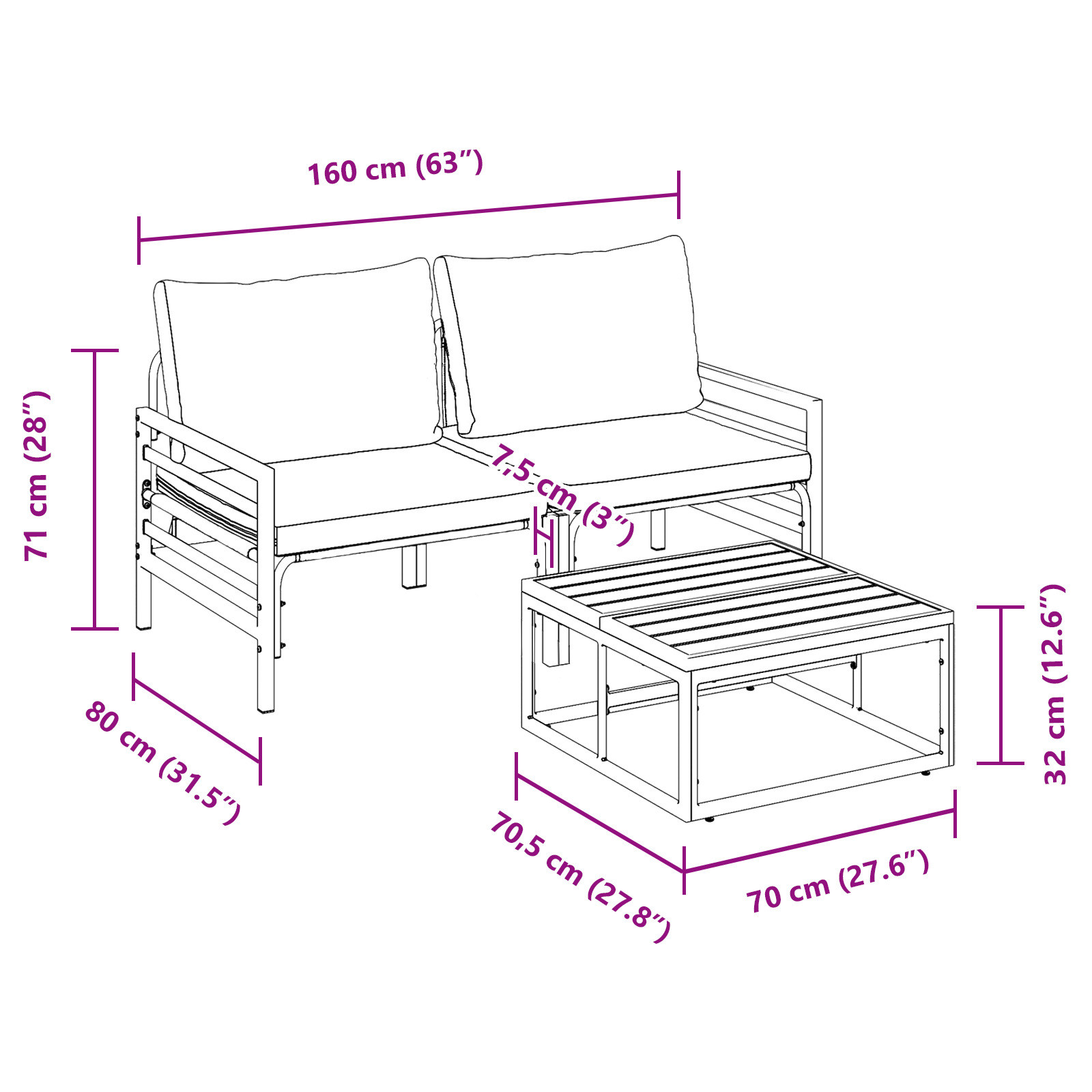 Hagesofa Set 3 pcs Antrasitt Stål