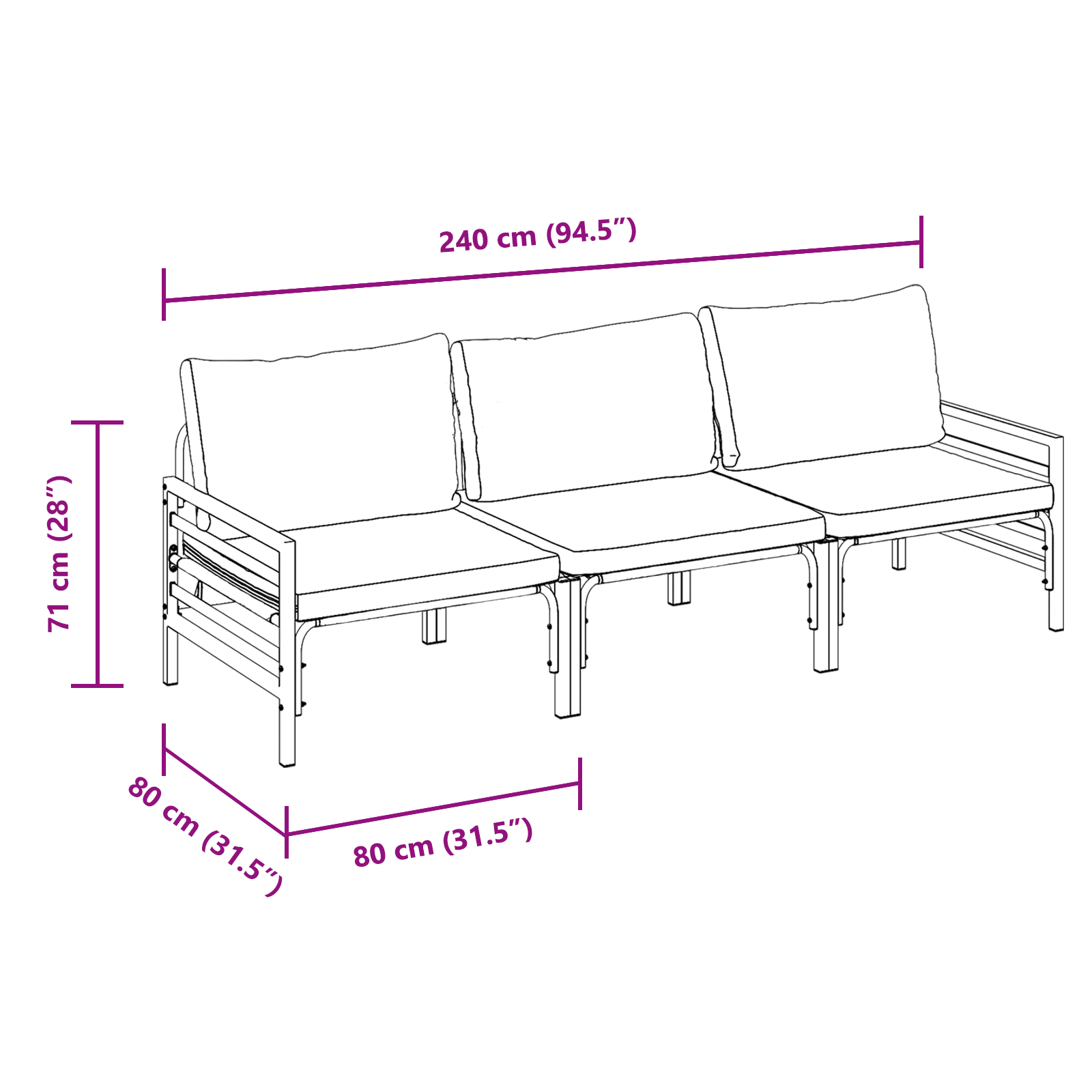 Hagesofa Set 3 pcs Antrasitt Stål