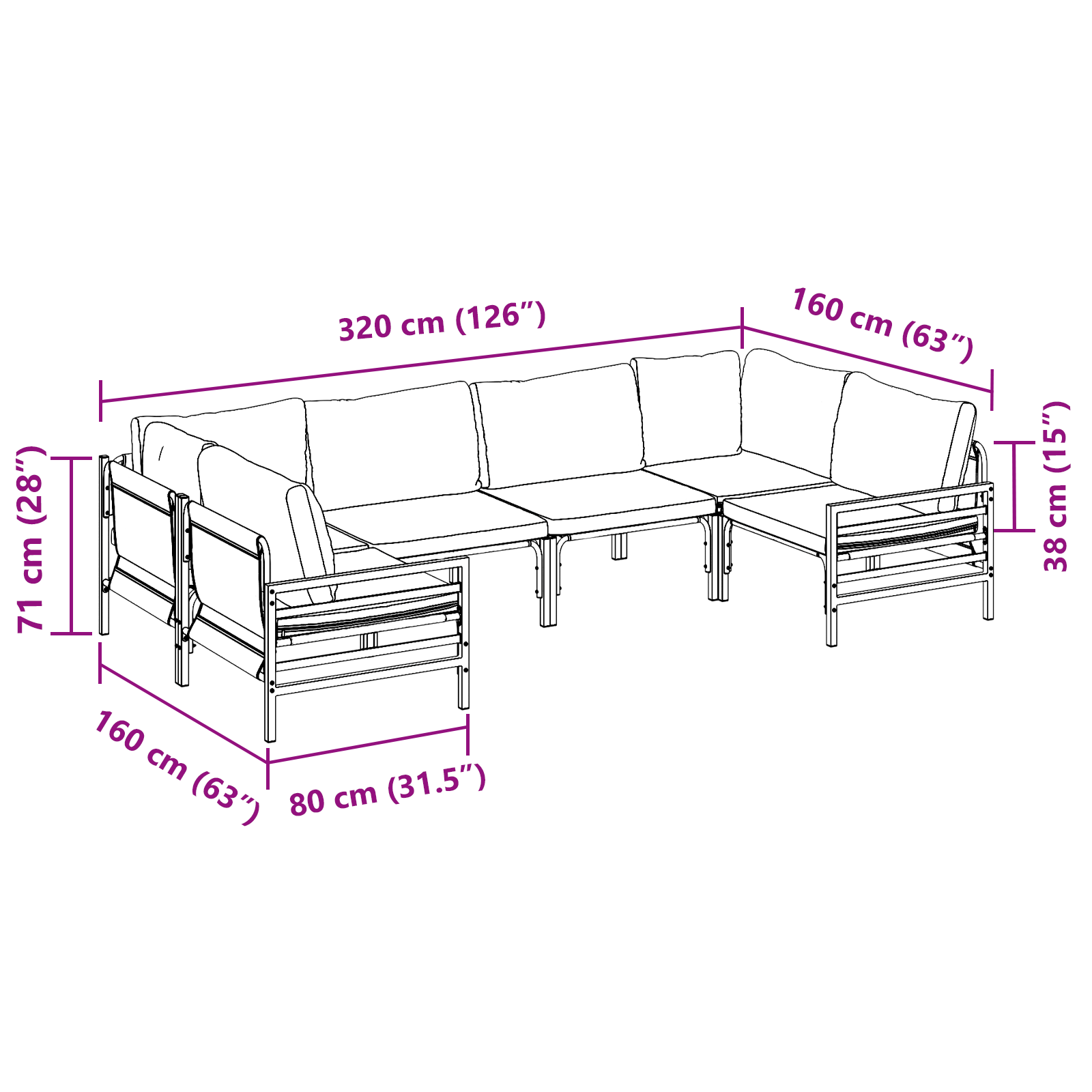 Hagesofa Set 6 pcs Antrasittgrå Stål