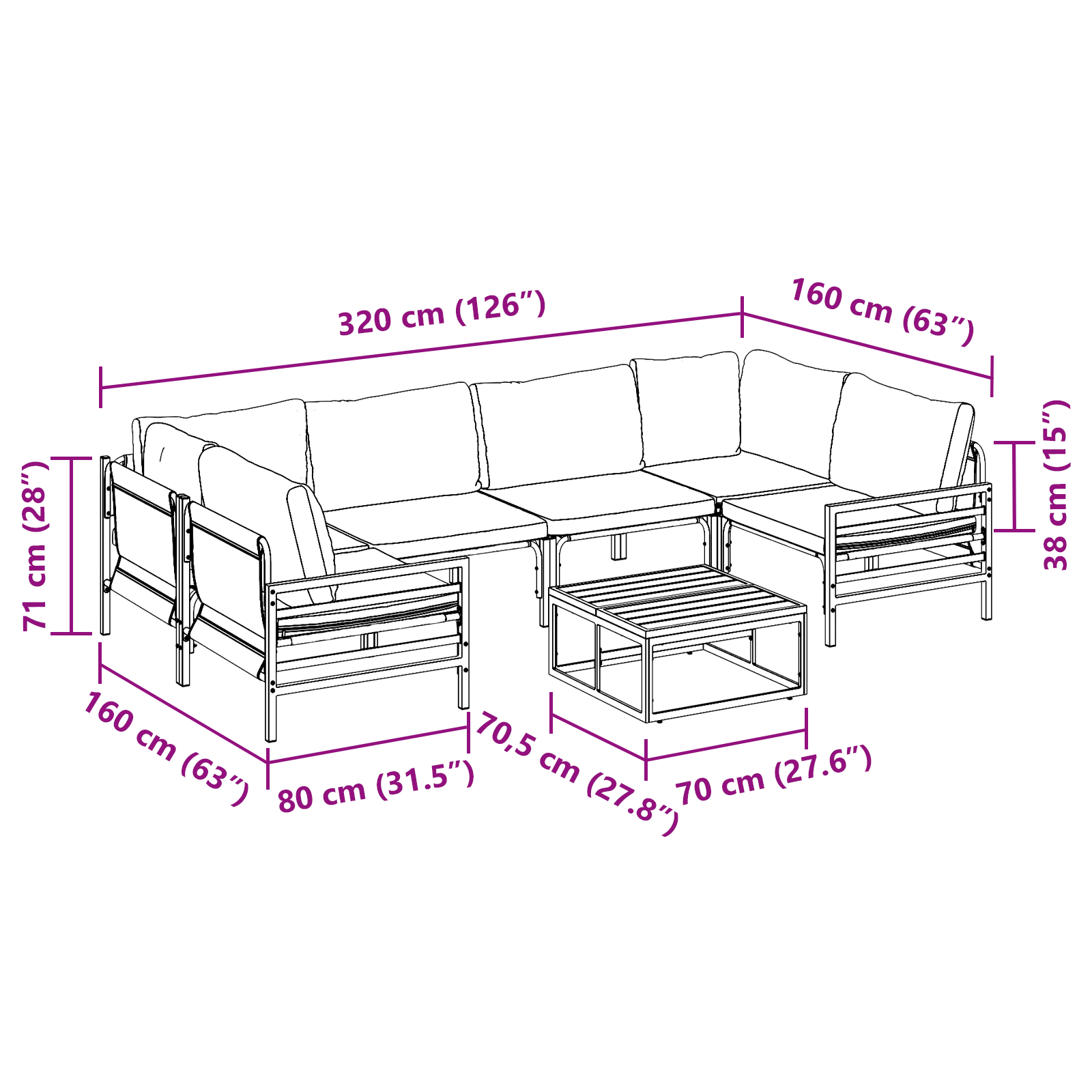 Hagesofa Set 7 pcs Antrasittgrå Stål