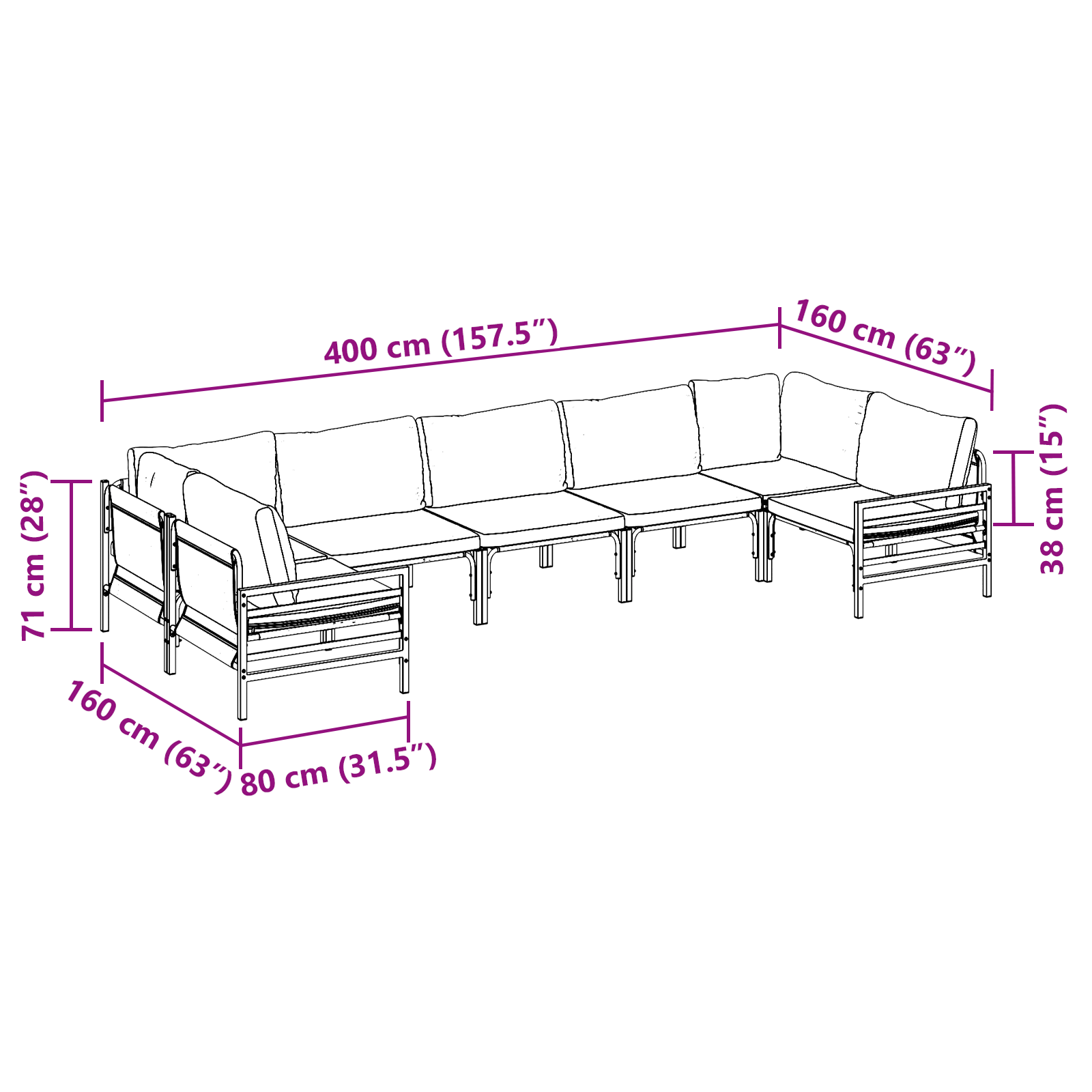 Hagesofa Set 7 pcs Antrasitt Stål