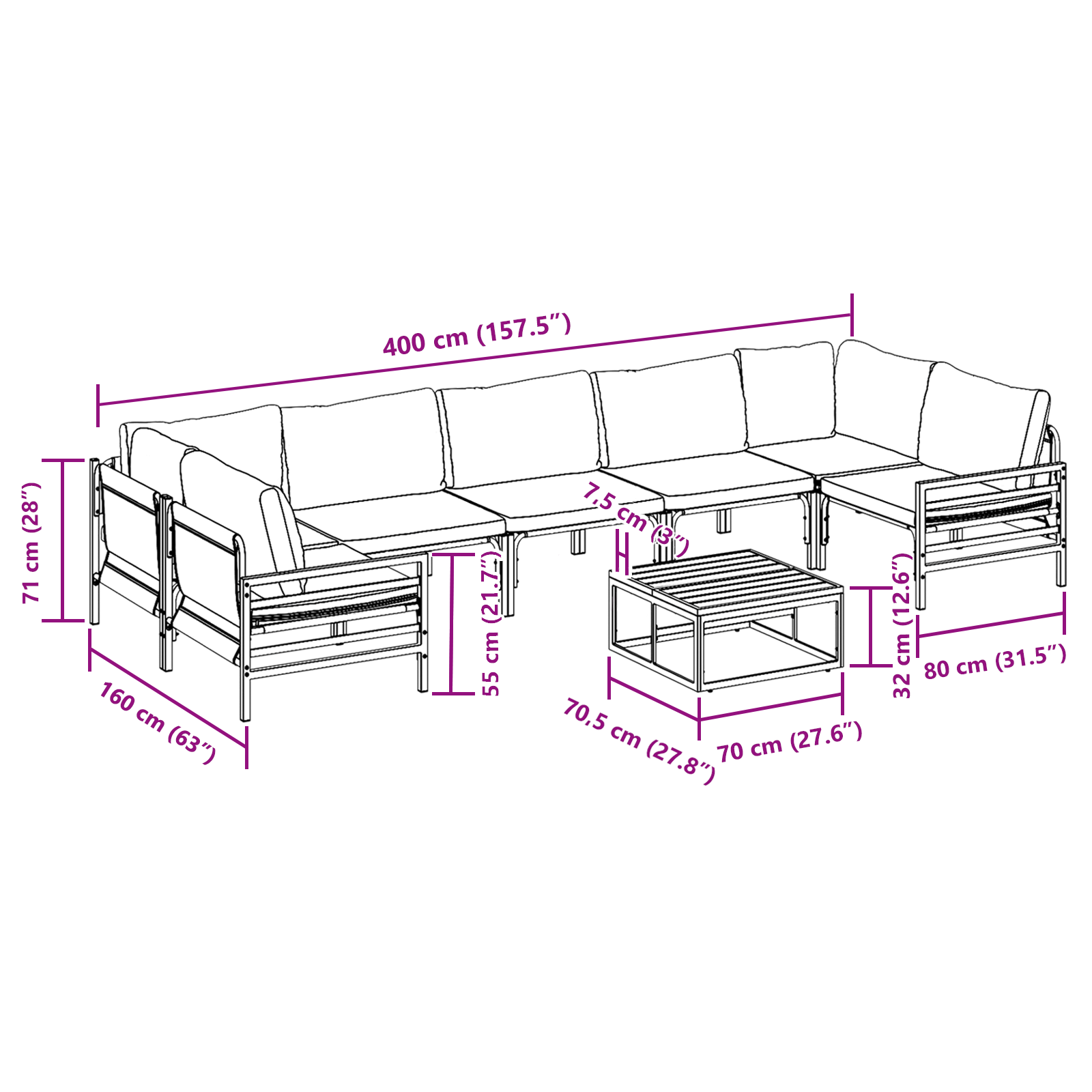 Hagesofa Set 8 pcs Antrasitt Stål