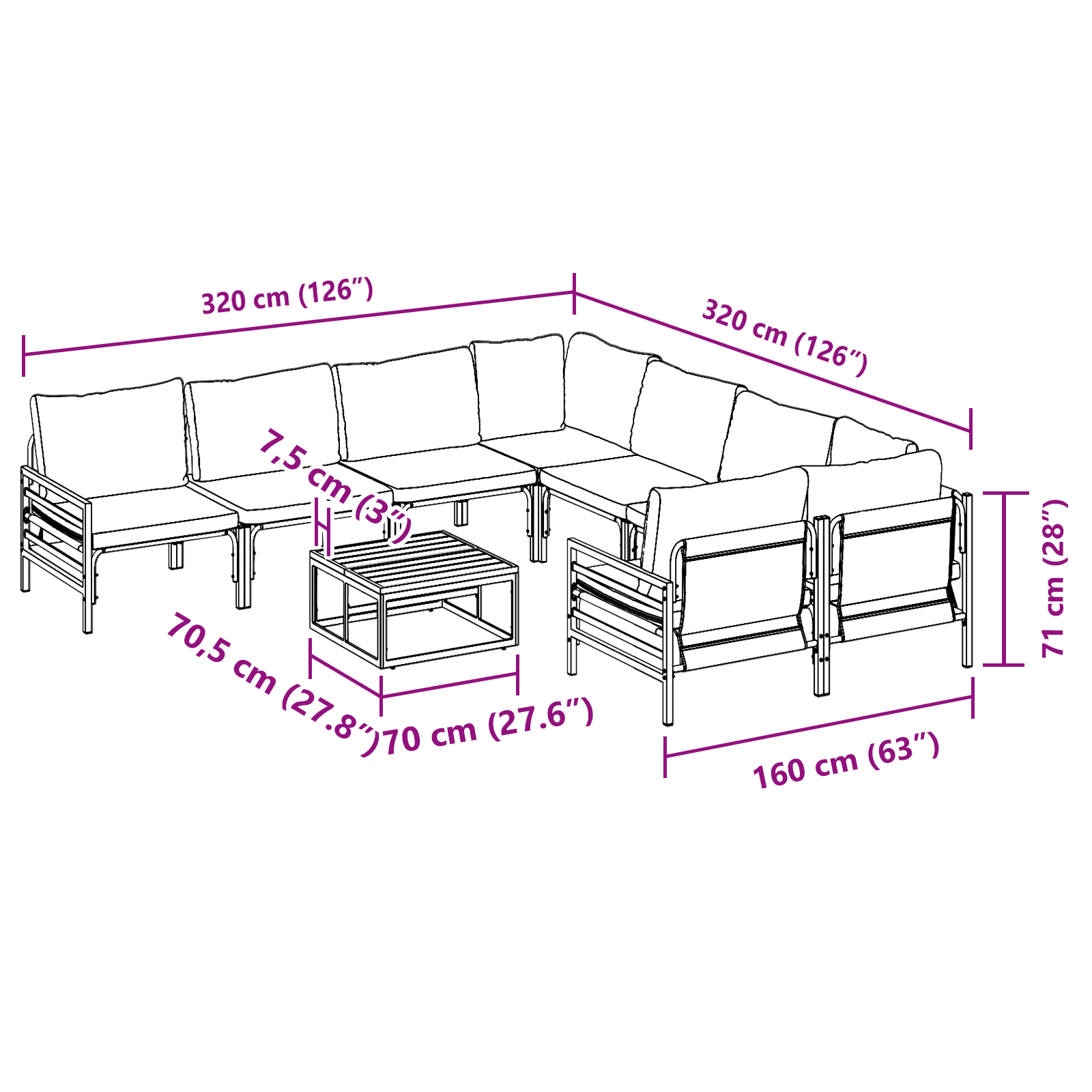Hagesofa Set 9 pcs Antrasittgrå Stål