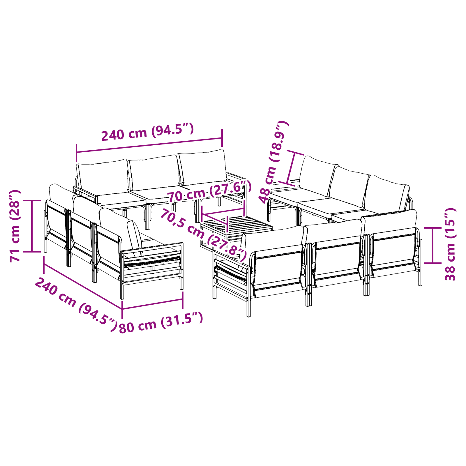 Hagesofa Set 13 pcs Antrasitt Stål