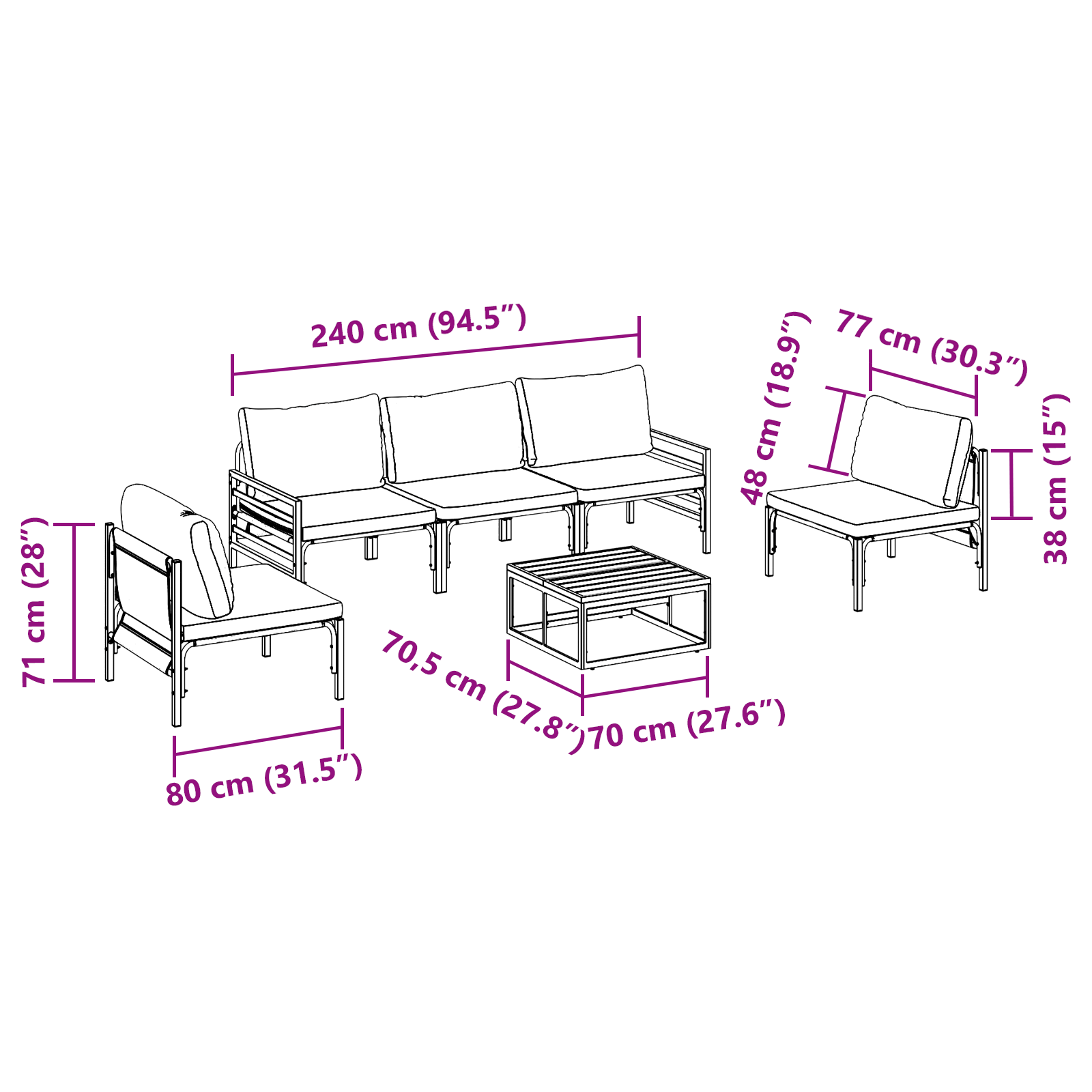 Hagesofa Set 6 pcs Antrasitt Stål