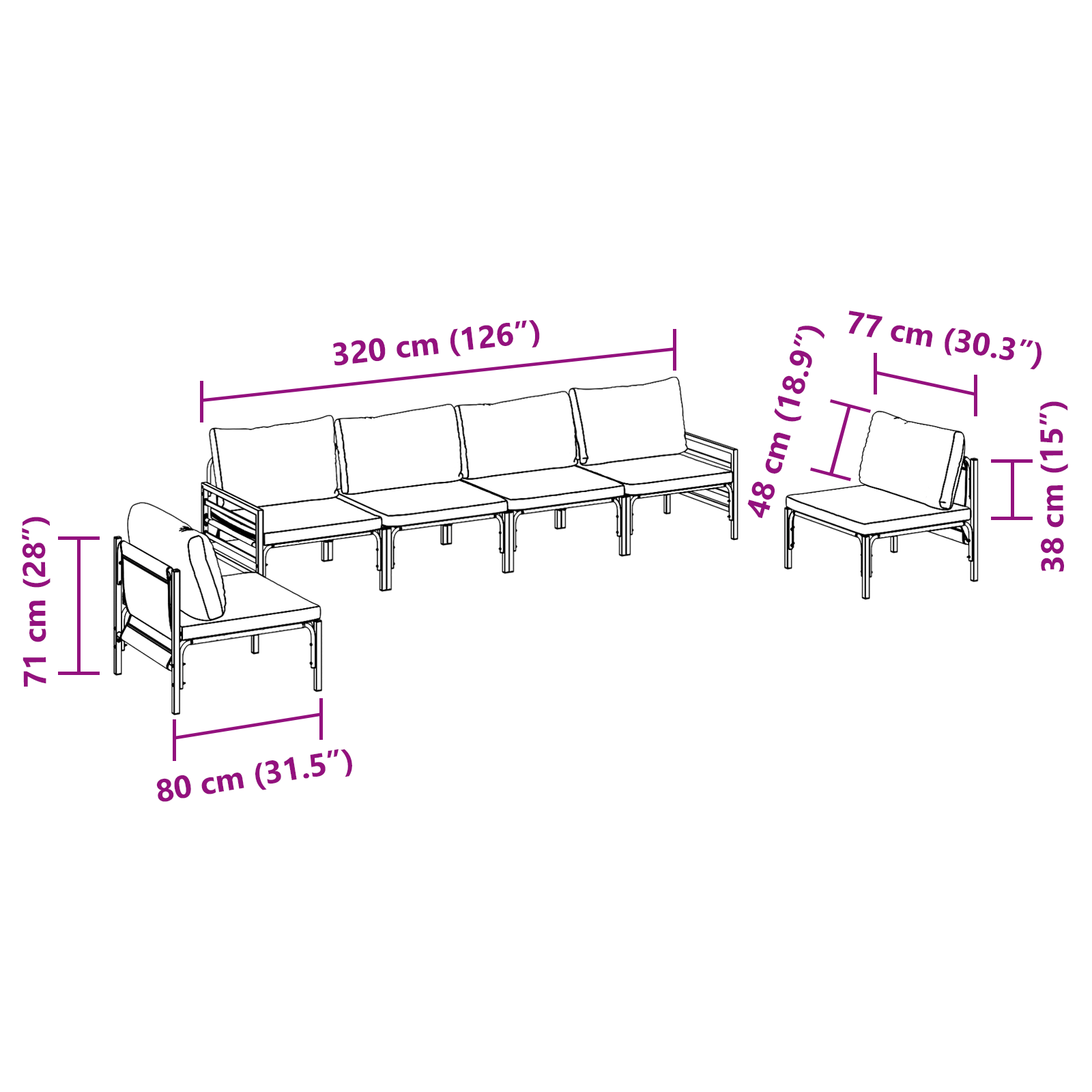 Hagesofa Set 6 pcs Antrasittgrå Stål