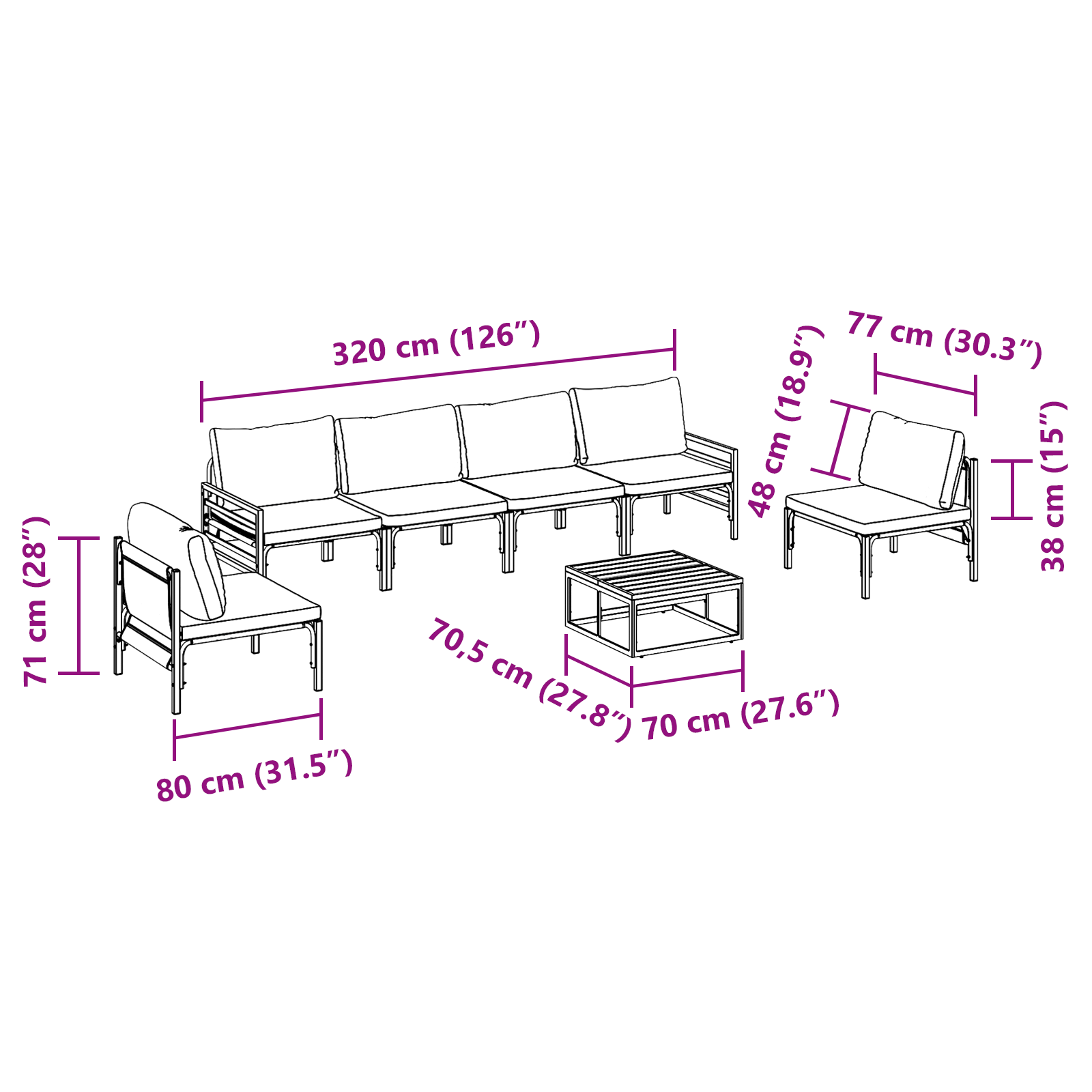 Hagesofa Set 7 pcs Antrasittgrå Stål