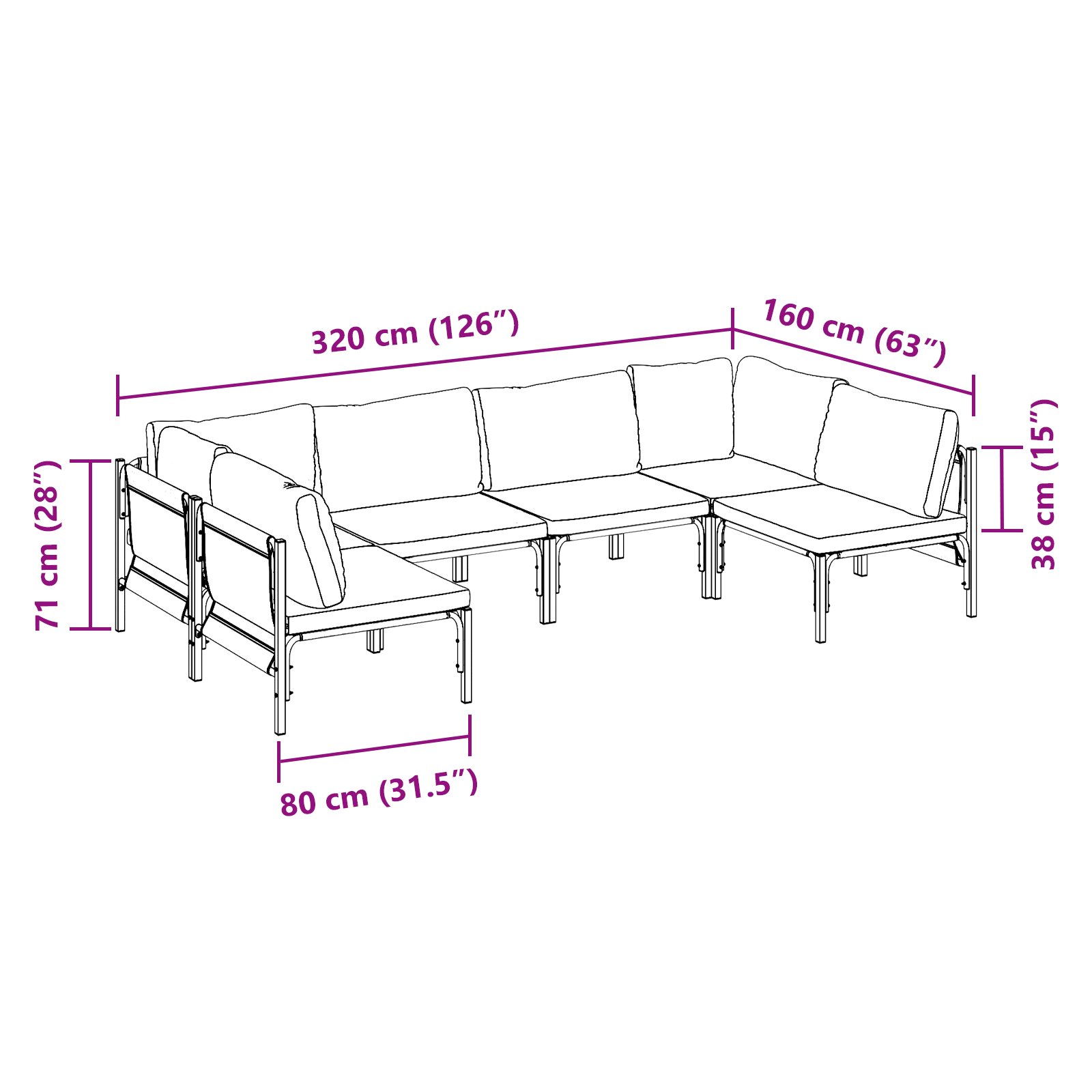 Hagesofa Set 6 pcs Antrasitt Stål