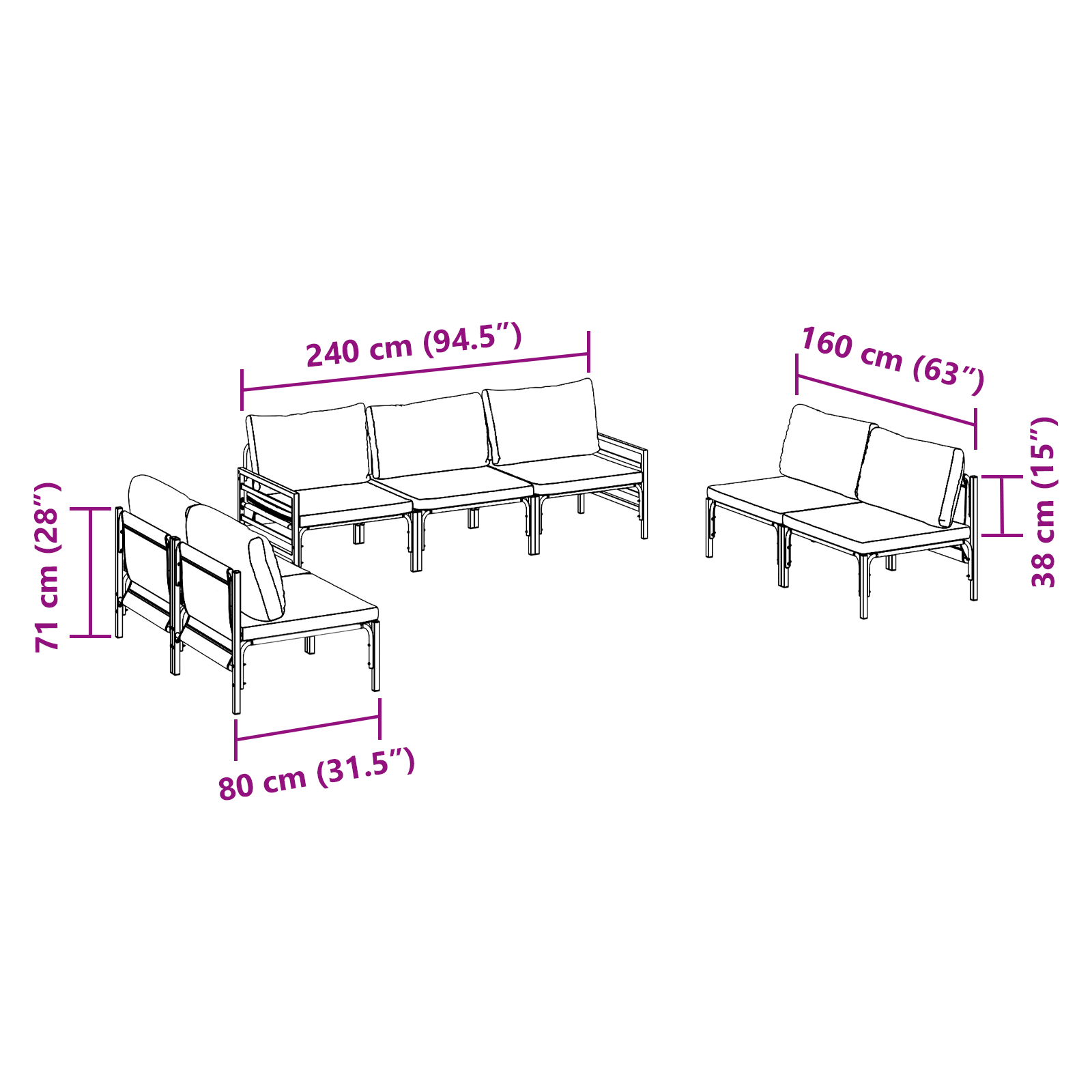 Hagesofa Set 7 pcs Antrasitt Stål