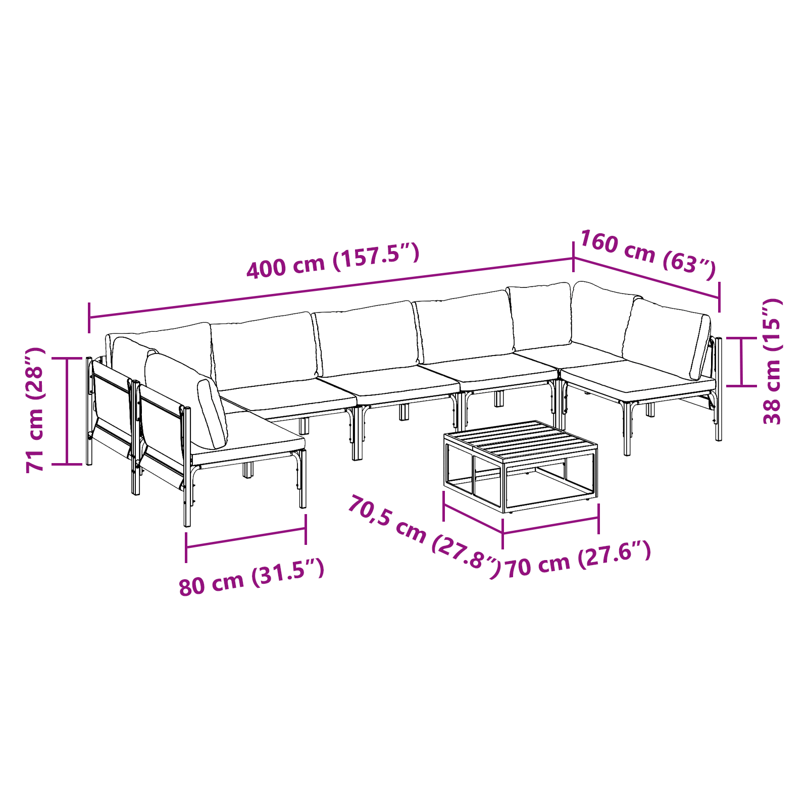 Hagesofa Set 8 pcs Antrasitt Stål