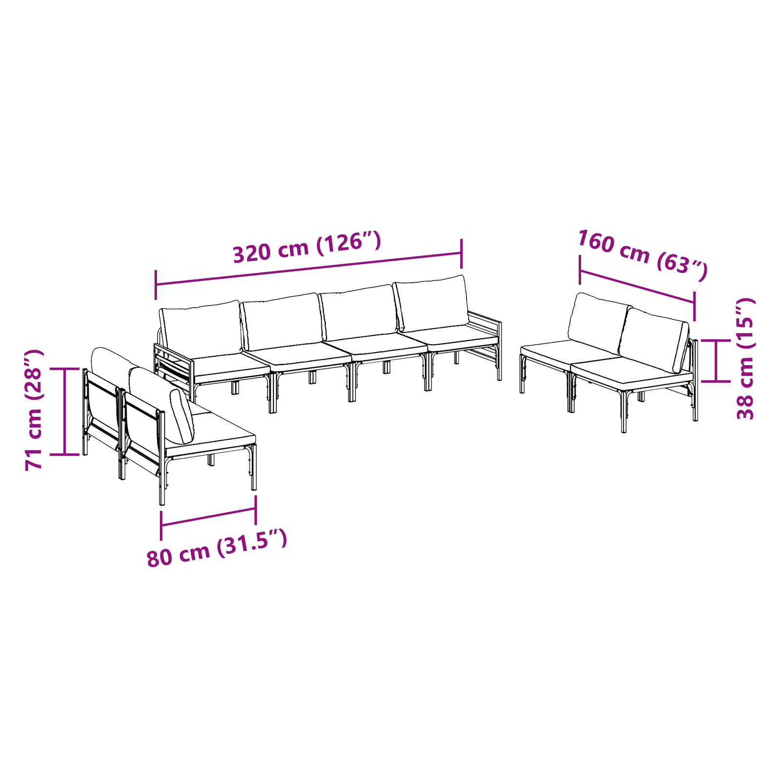 Hagesofa Set 8 pcs Antrasitt Stål