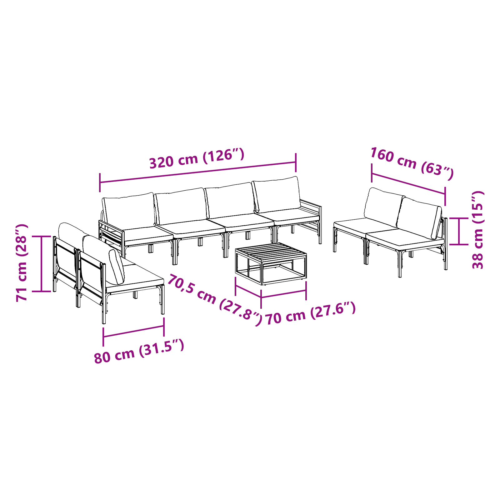 Hagesofa Set 9 pcs Antrasitt Stål