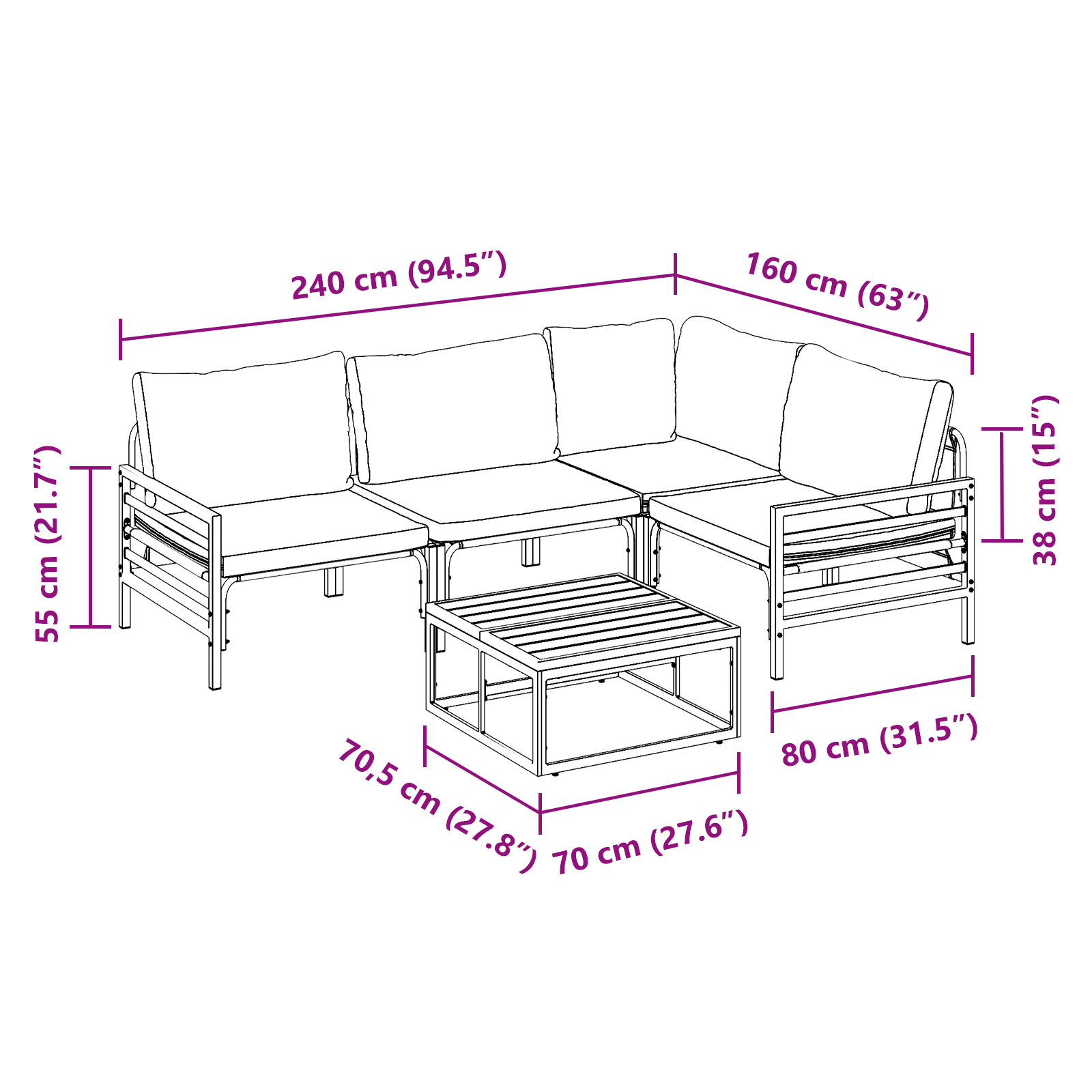 Hagesofa Set 6 pcs Antrasittgrå Stål