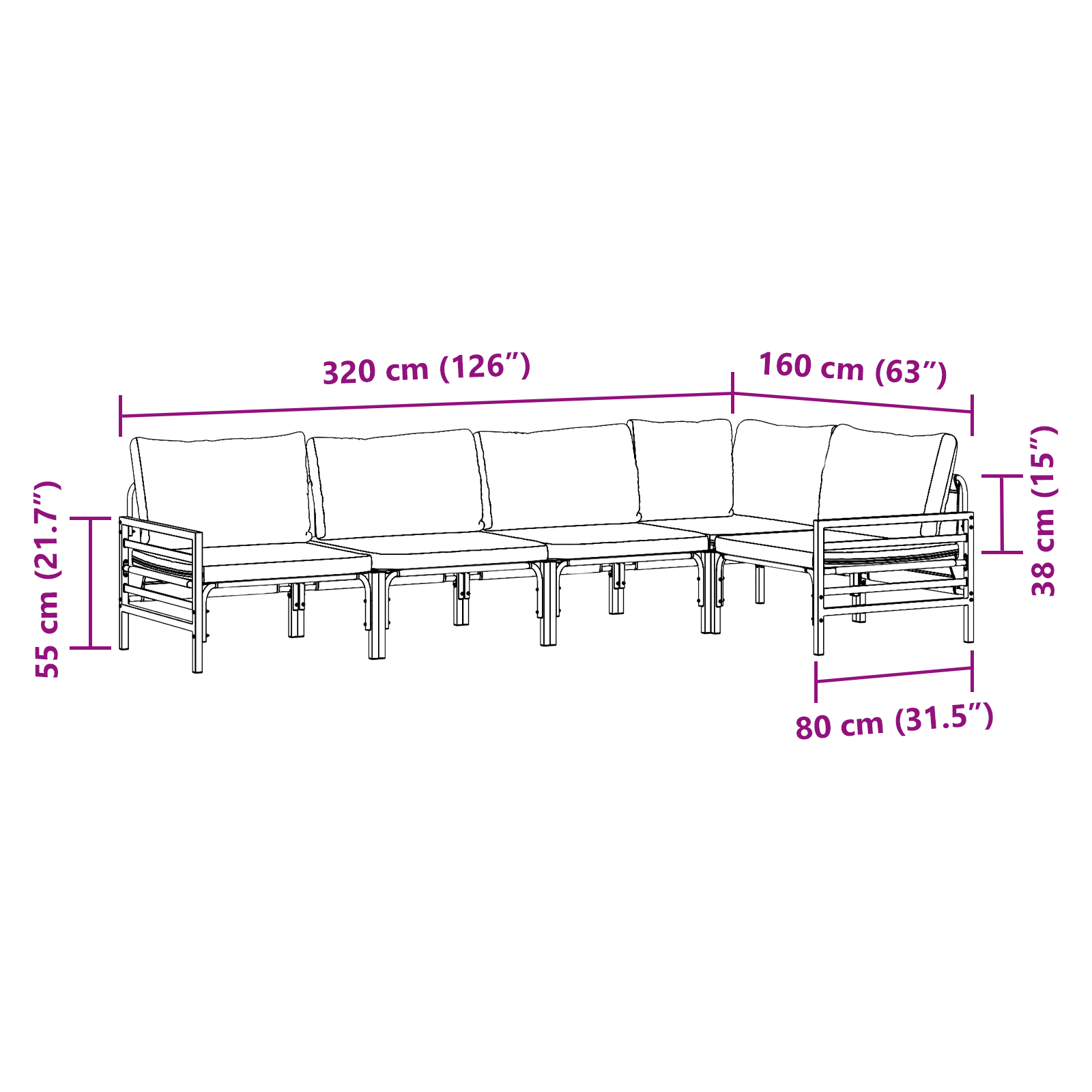 Hagesofa Set 5 pcs Antrasitt Stål