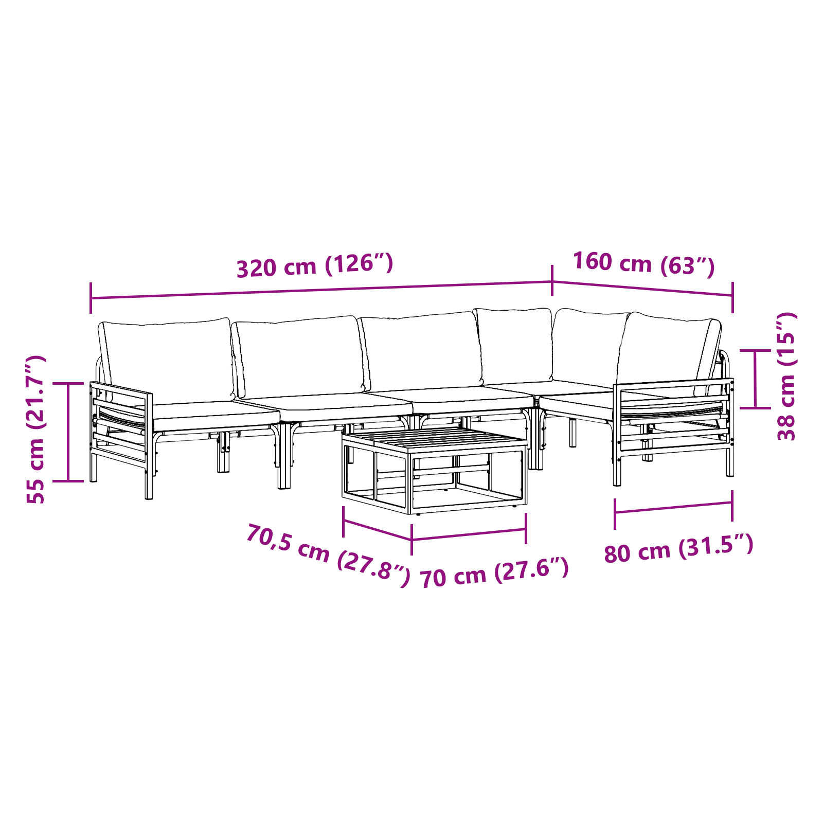 Hagesofa Set 6 pcs Antrasitt Stål