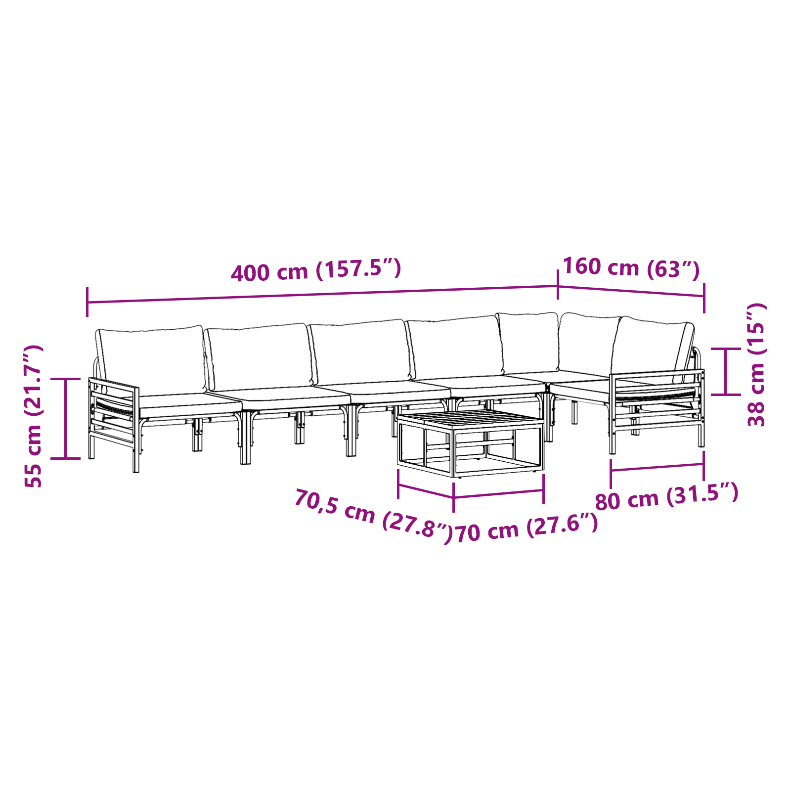 Hagesofa Set 7 pcs Antrasitt Stål