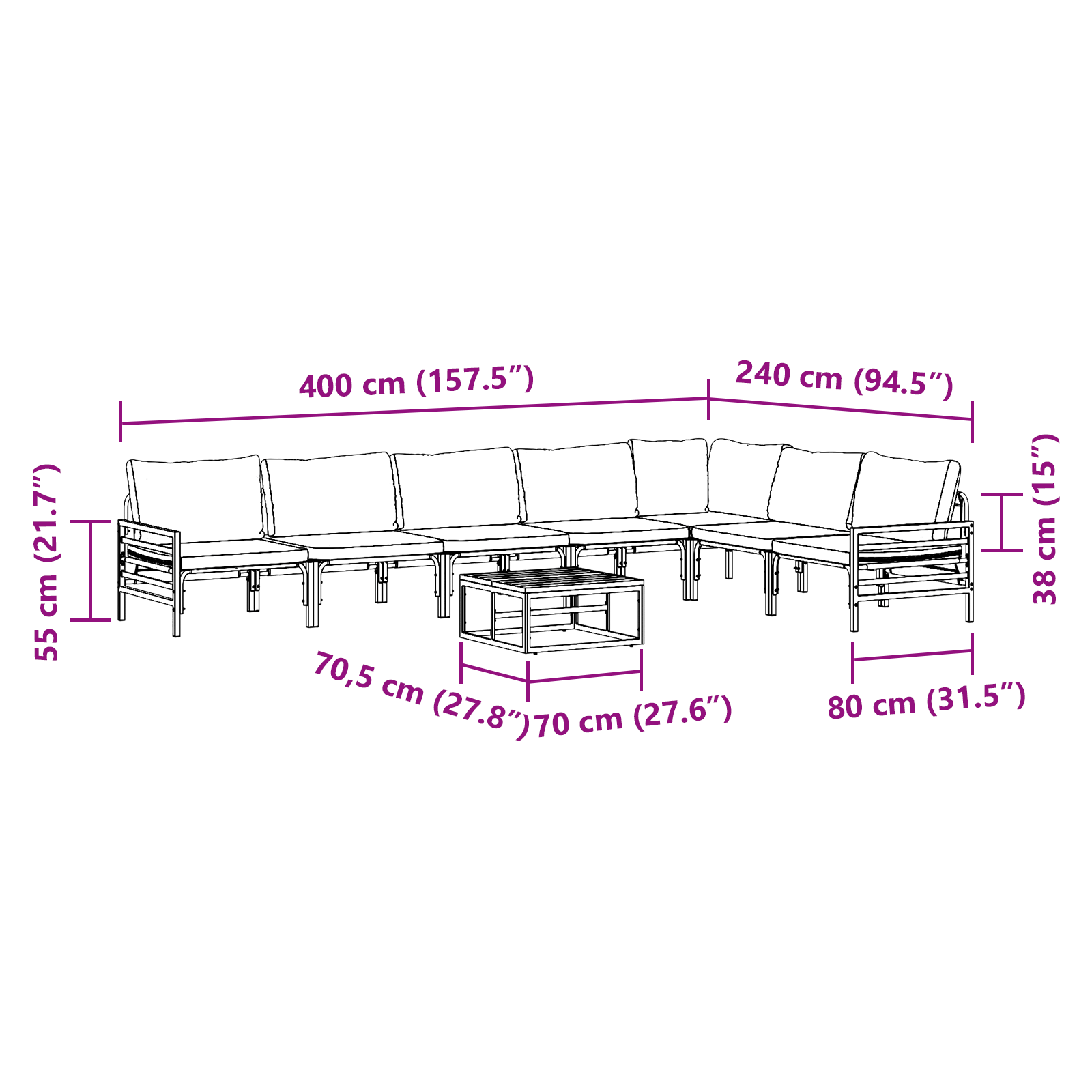 Hagesofa Set 8 pcs Antrasitt Stål