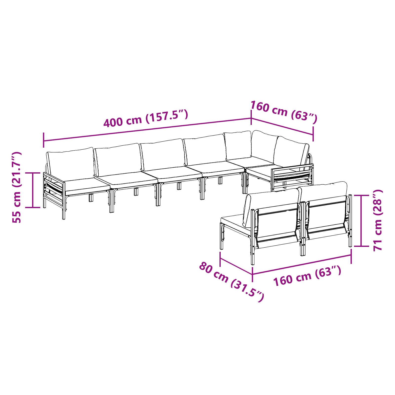 Hagesofa Set 8 pcs Antrasitt Stål