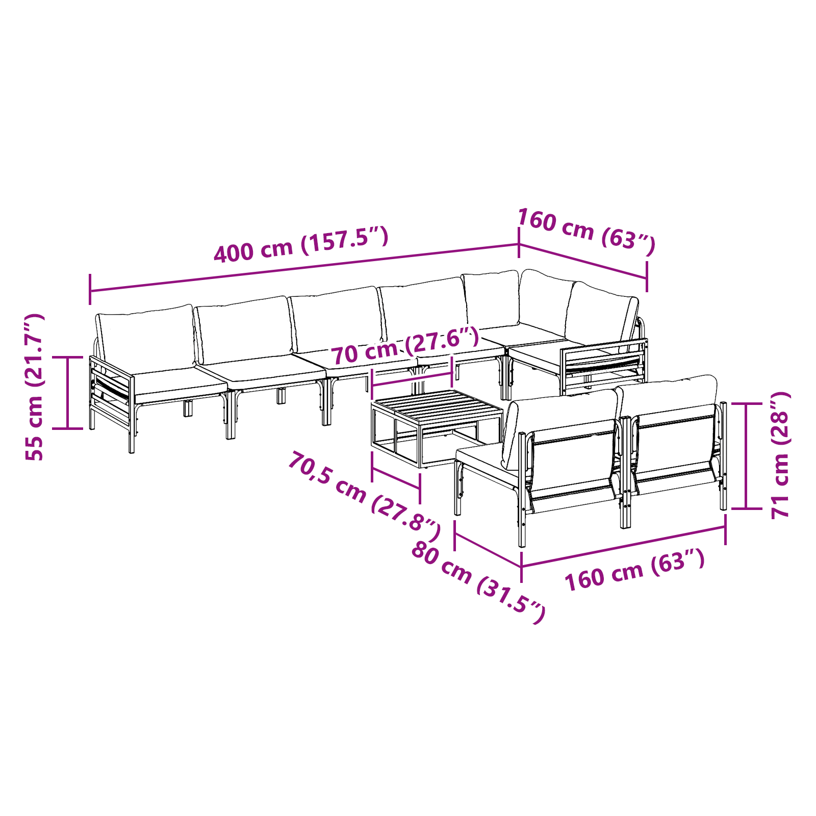 Hagesofa Set 9 pcs Antrasitt Stål