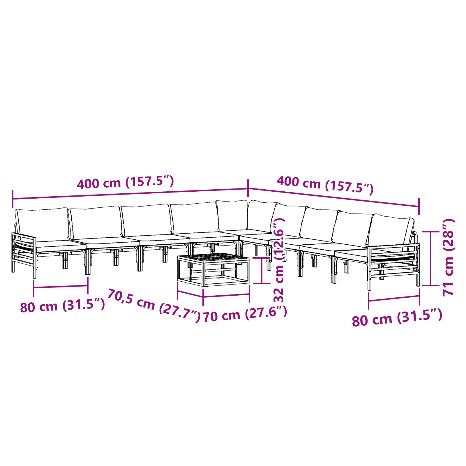 Hagesofa Set 10 pcs Antrasitt Stål